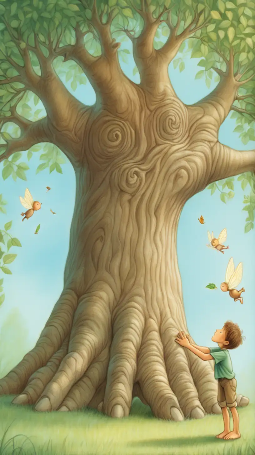 Enchanting Fairy Tale Illustration Boy Receiving Gifts from a Majestic Tree
