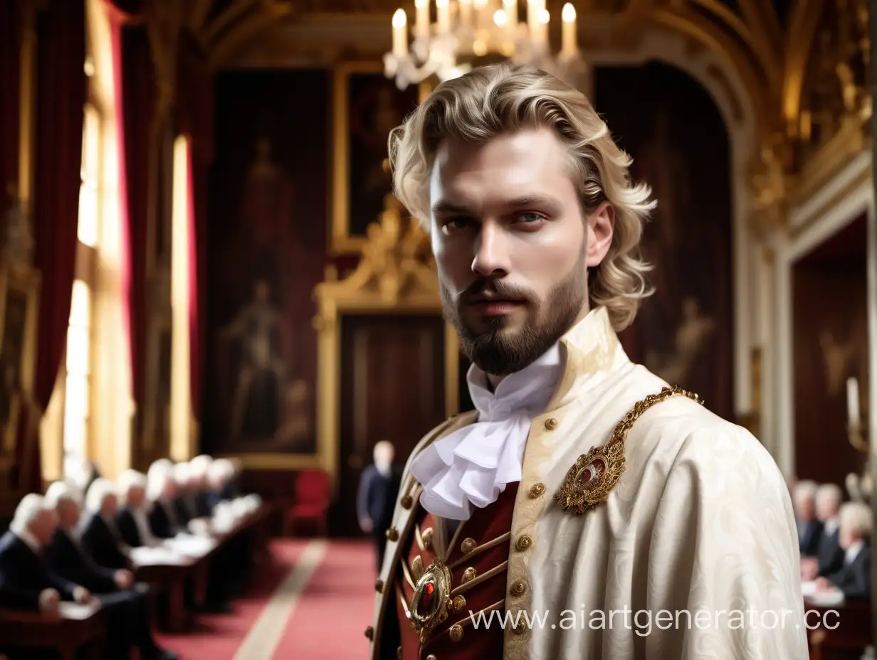 Regal-Pale-King-with-Chestnut-Wavy-Hair-Stands-Beside-Beautiful-Blonde-in-Royal-Chambers