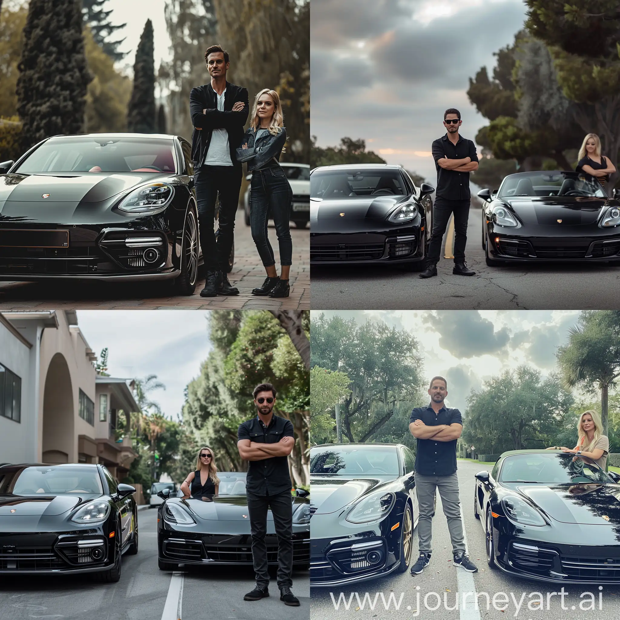 Chic-Couple-Poses-with-Sleek-Porsches-in-Stylish-Photo
