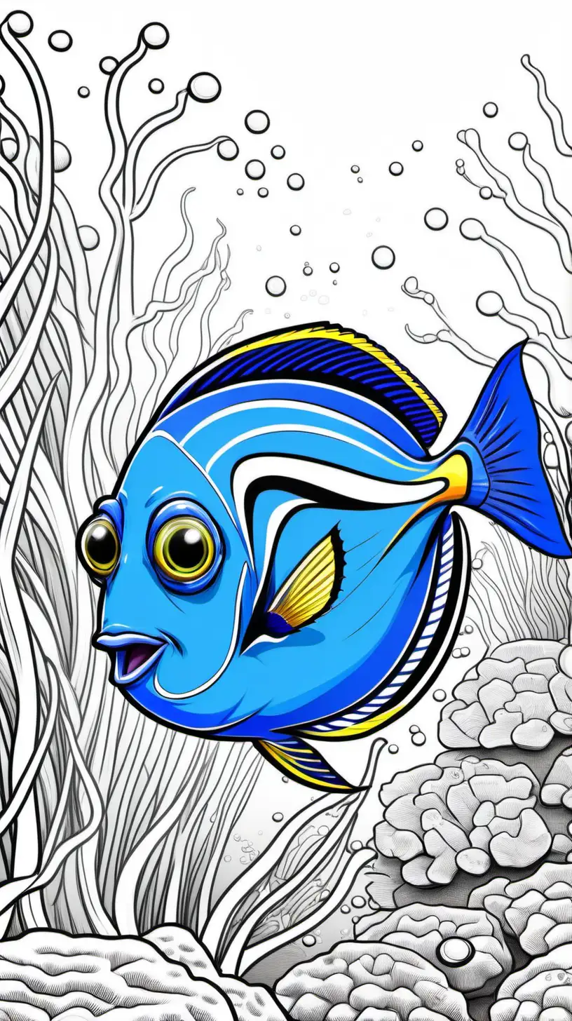 coloring book page of a pacific blue tang fish  with thick lines swimming with corral reefs no shadowing cartoon style-- ar 9:11