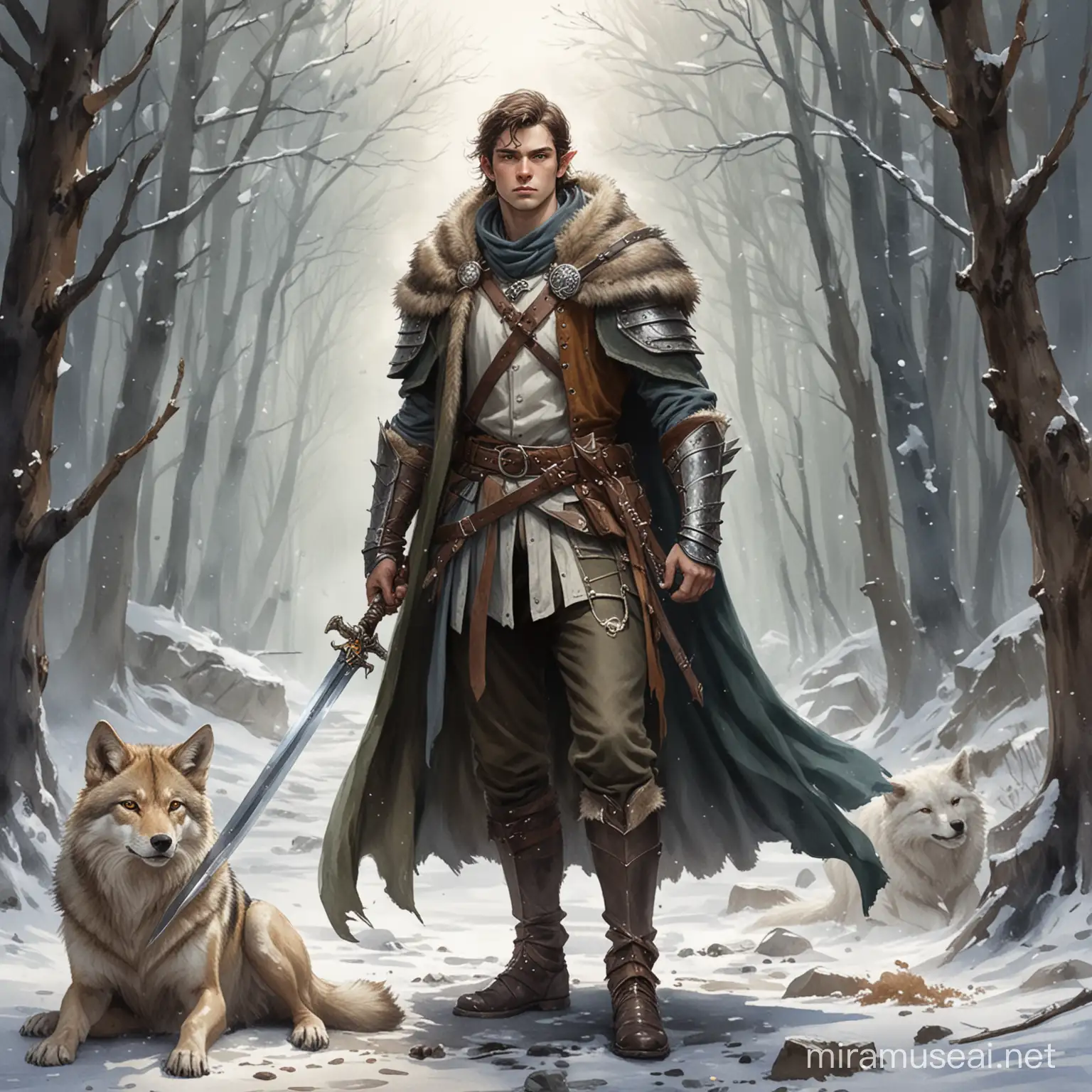 watercolor style: young male half elf battlesmith, wearing fur cloak, longsword, wolf companion with metal chest/leg