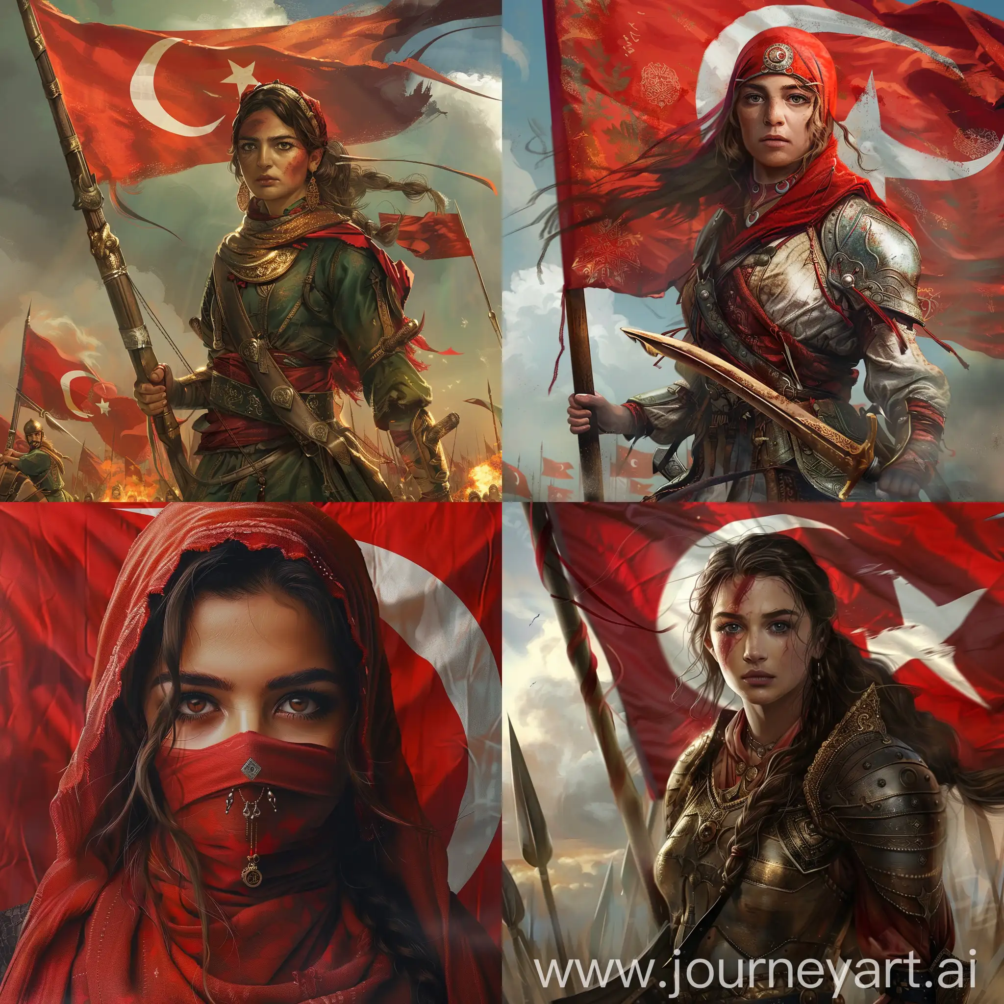 Ottoman warrior girl, realistic , türkish flag


