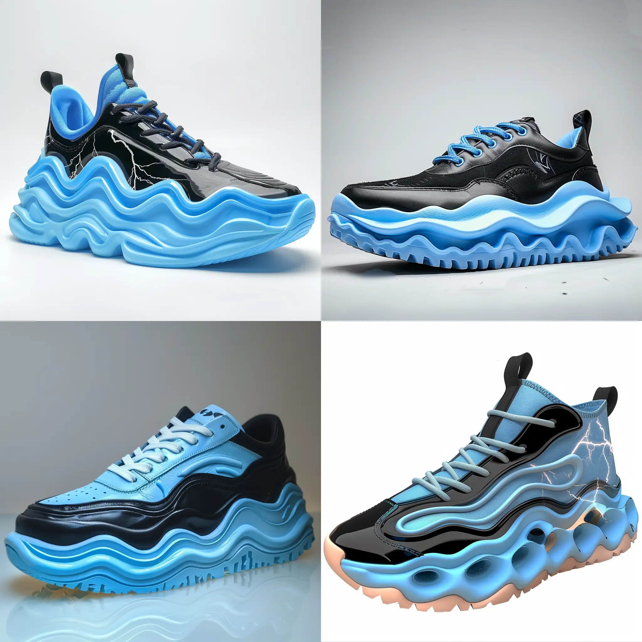 Do wavy sneakers trandy inspired by lightning Color black and blue and light blue Rubber outsole , leather upper , do some lightning drawing , outsole inspired by lightning