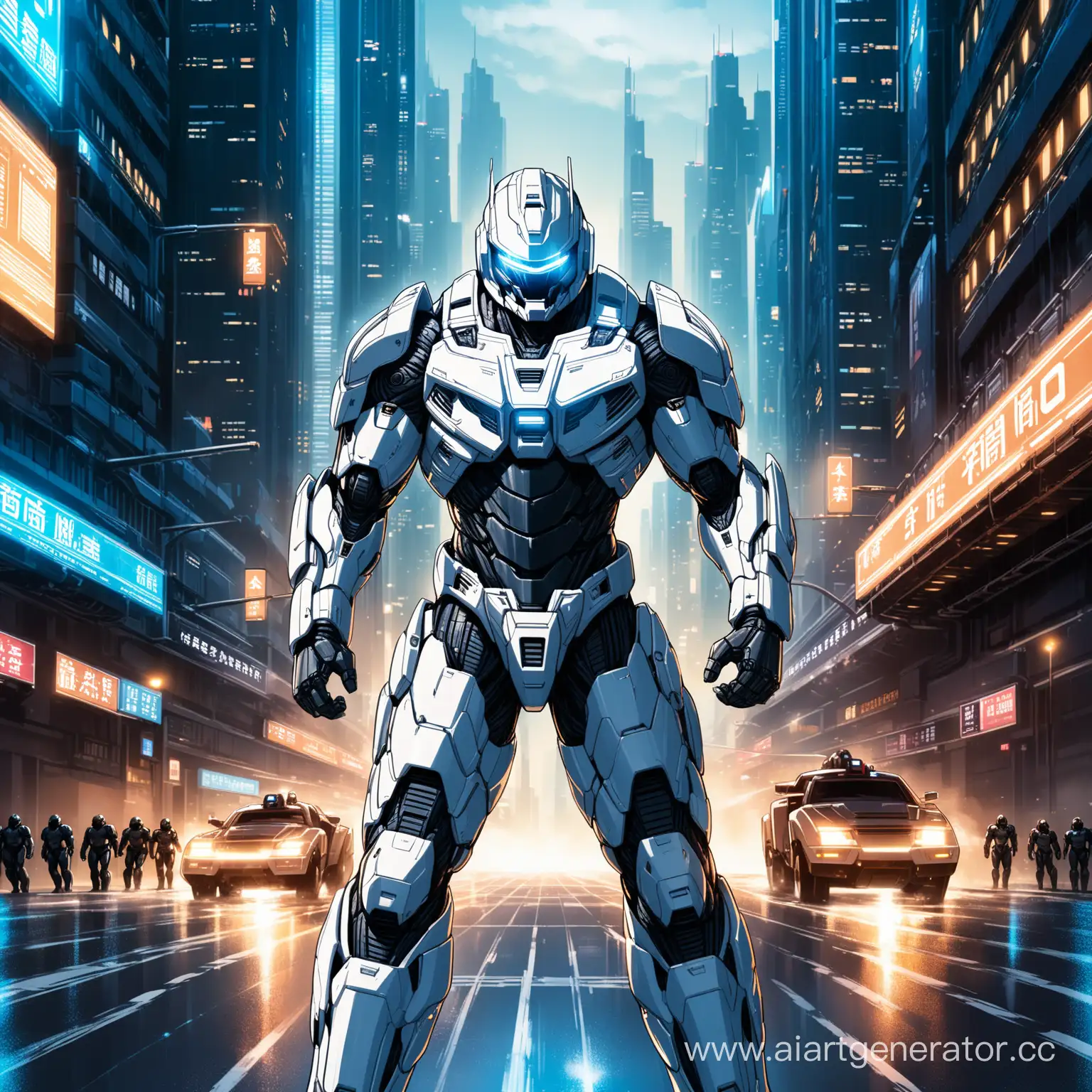 В позе Противотроп с приземлением на землю на три точки, Высокотехнологичный, брутальный, мощный, тяжело бронированный белоснежный костюм Робокопа, имеющий дополнительную усиленную броню в стиле Трансформер, оснащен самыми передавшими технологиями во вселенной Robocop далекого будущего,  открытый шлем, широкие плечи, телосложением бодибилдера на фоне ночных улиц мегаполиса