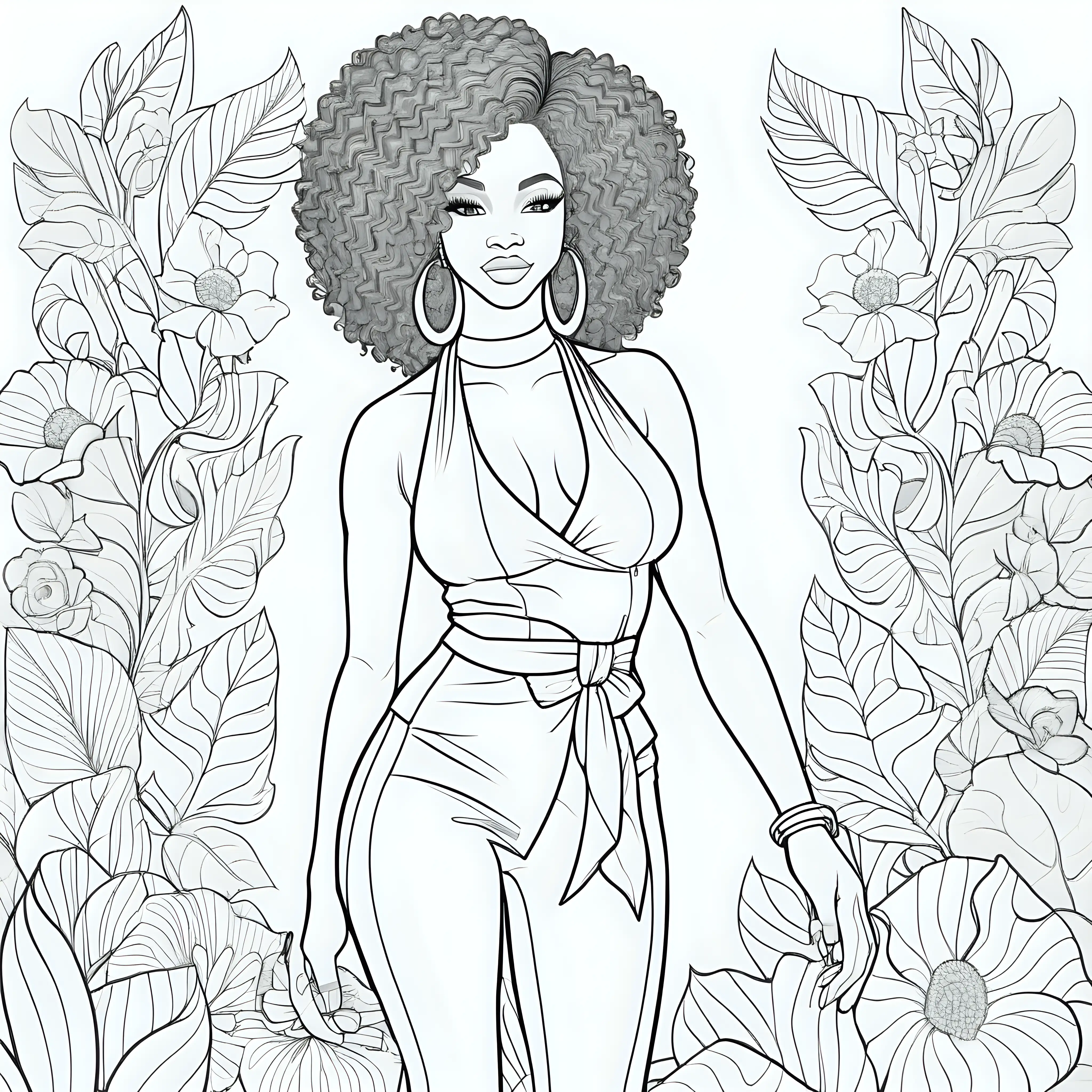 adult coloring book, outline image, no greyscale, no color, no shading,  outline hair only, coloring page style, african american woman, full body pose, fully dressed
fun backgrounds, coloring book lines
