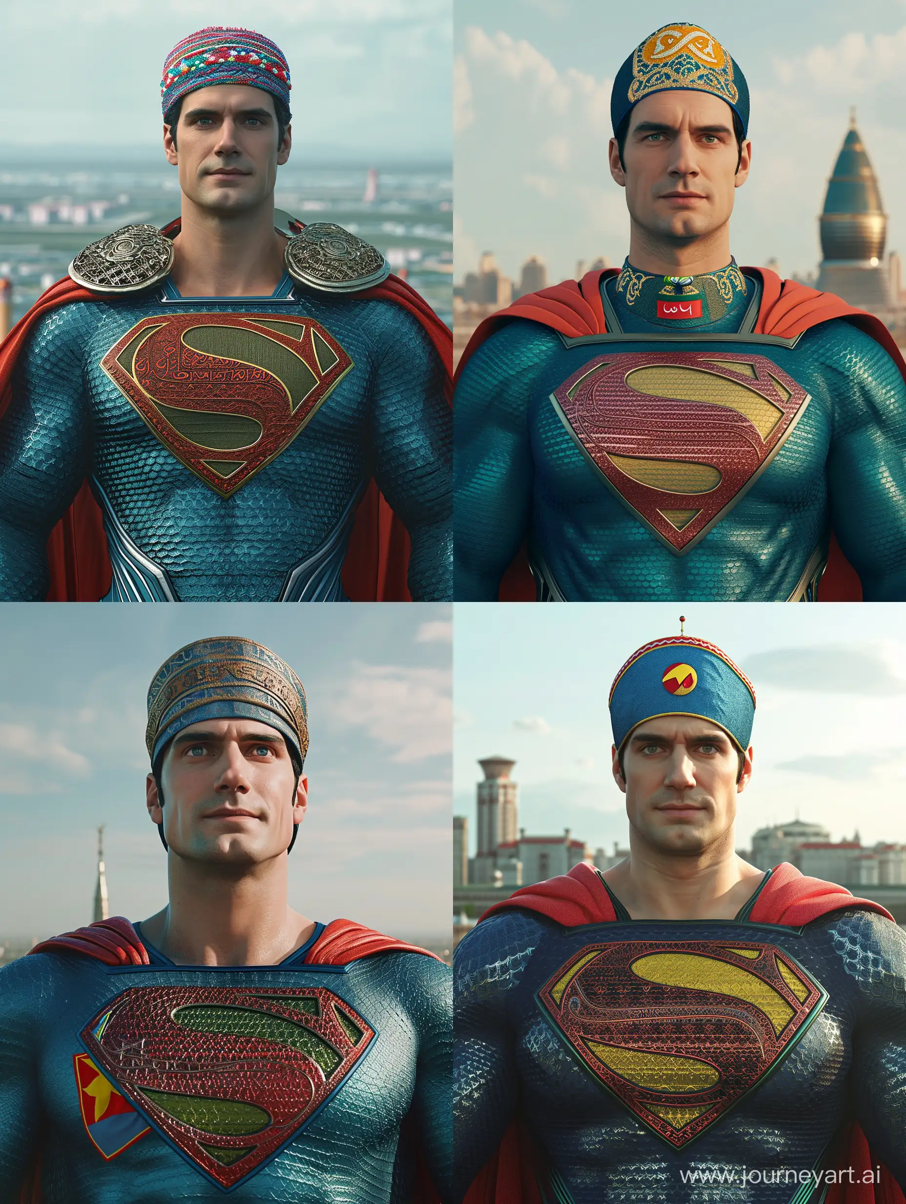 Henry Cavill superman, he in Kazakhstan traditional attire, muslim skullcap on the head, On the chest is a logo of the Kazakhstan flag, Almaty Kazakhstan behind him, far view from front, shot from the movie, cinematic, photorealistic, ultra-detailed, 4k