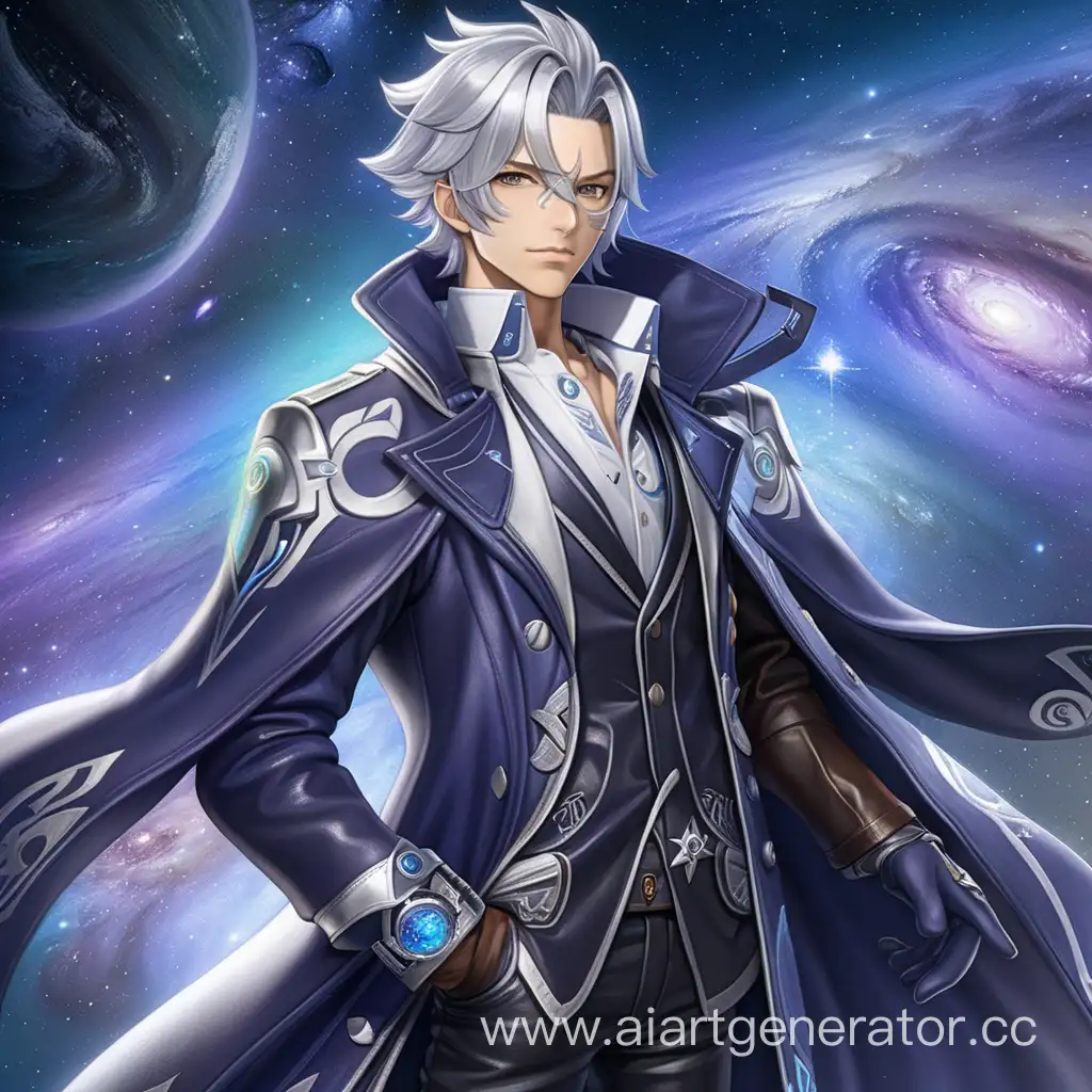 (masterpiece), best quality, expressive eyes, perfect face
 a man 
galaxy theme 
vortex theme
long leather coat 
fingerless gloves 
reference sheet style 
silver hair 
detailed clothes 
fullbody 
genshin impact style