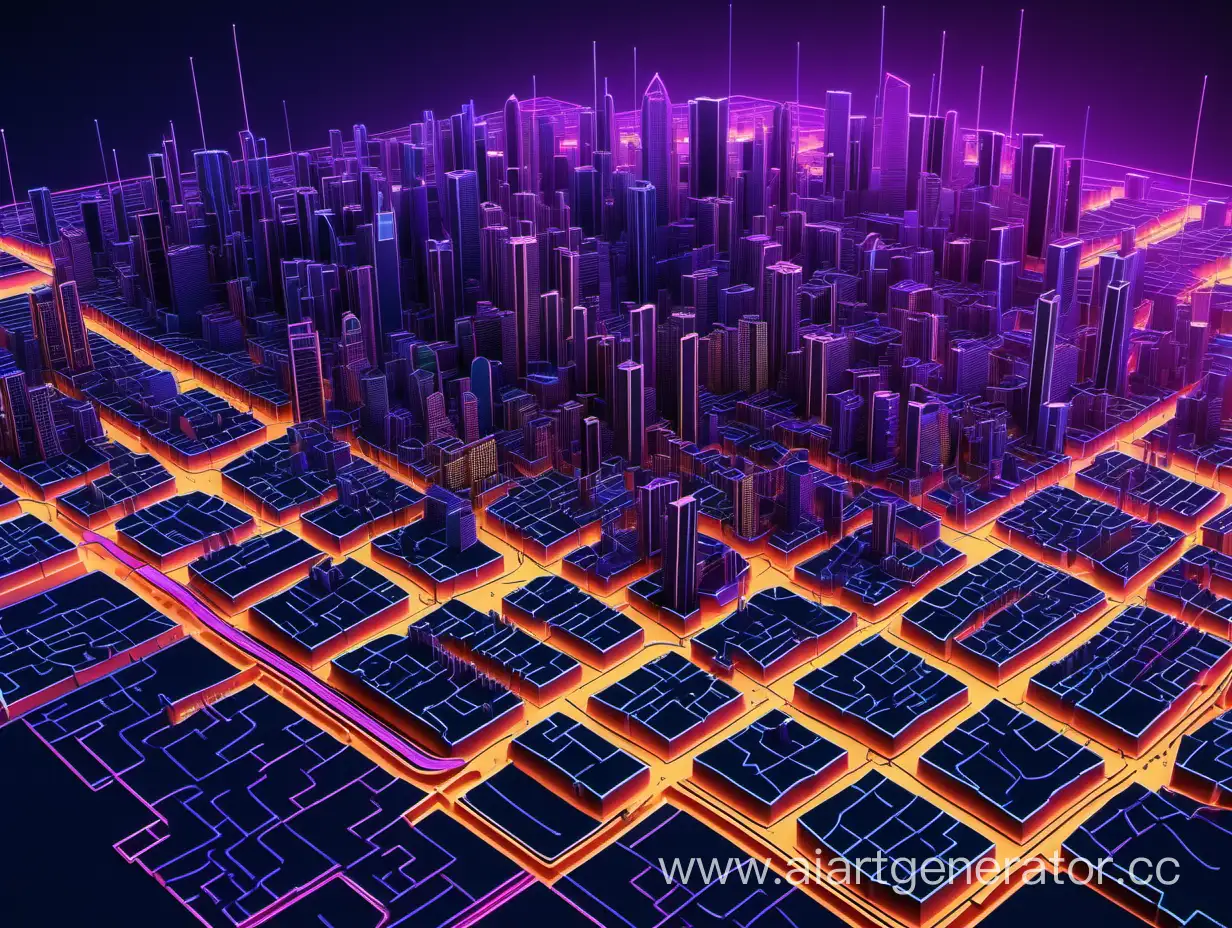 Schematic map of a modern city in dark and neon colors, 3d model