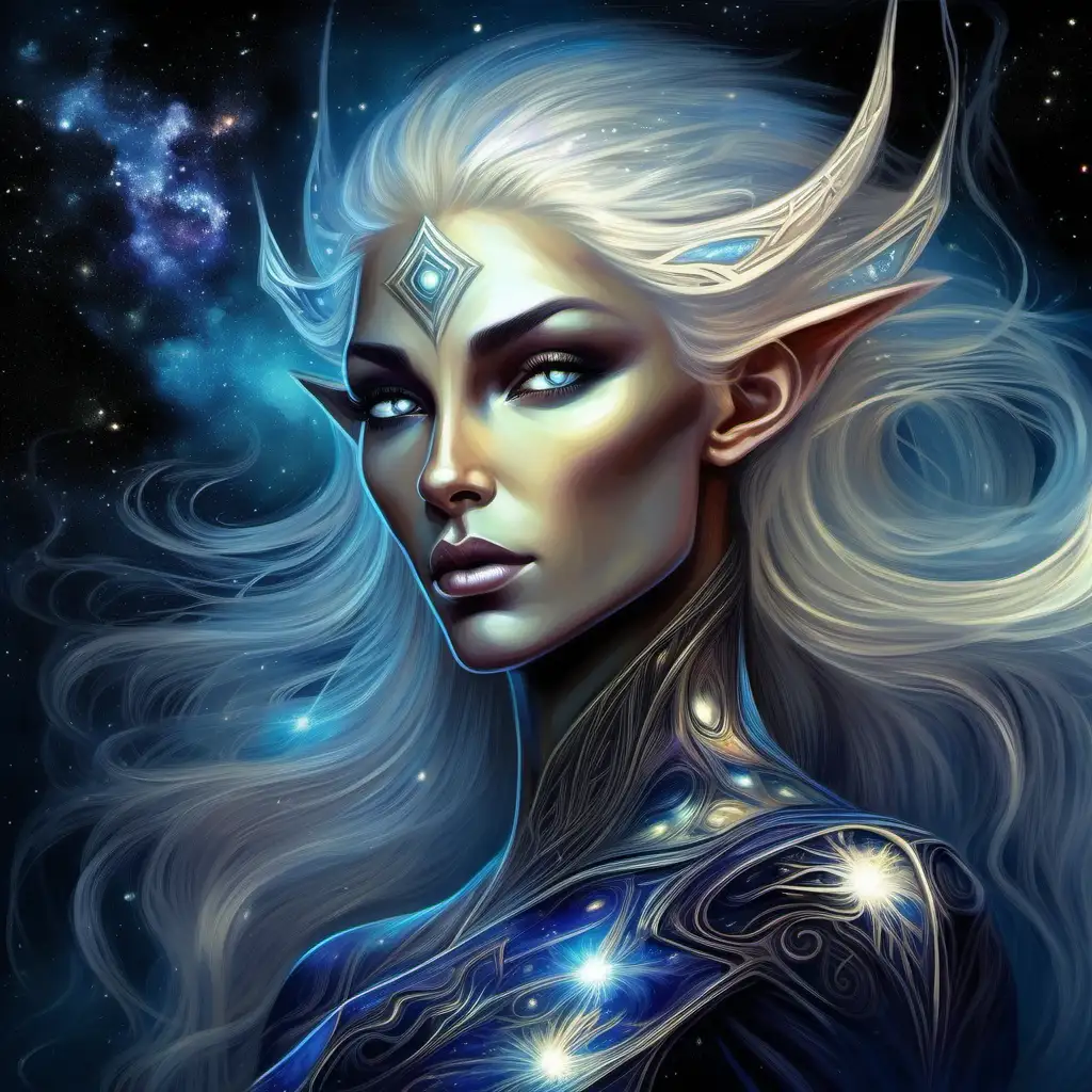 Fantasy cosmic elf. Incredible, other-worldly beauty. Thin but slightly muscular. Graceful. Noble, aloof appearance. Hair like strands of light, flesh like stars upon a black void. Oil panting style.