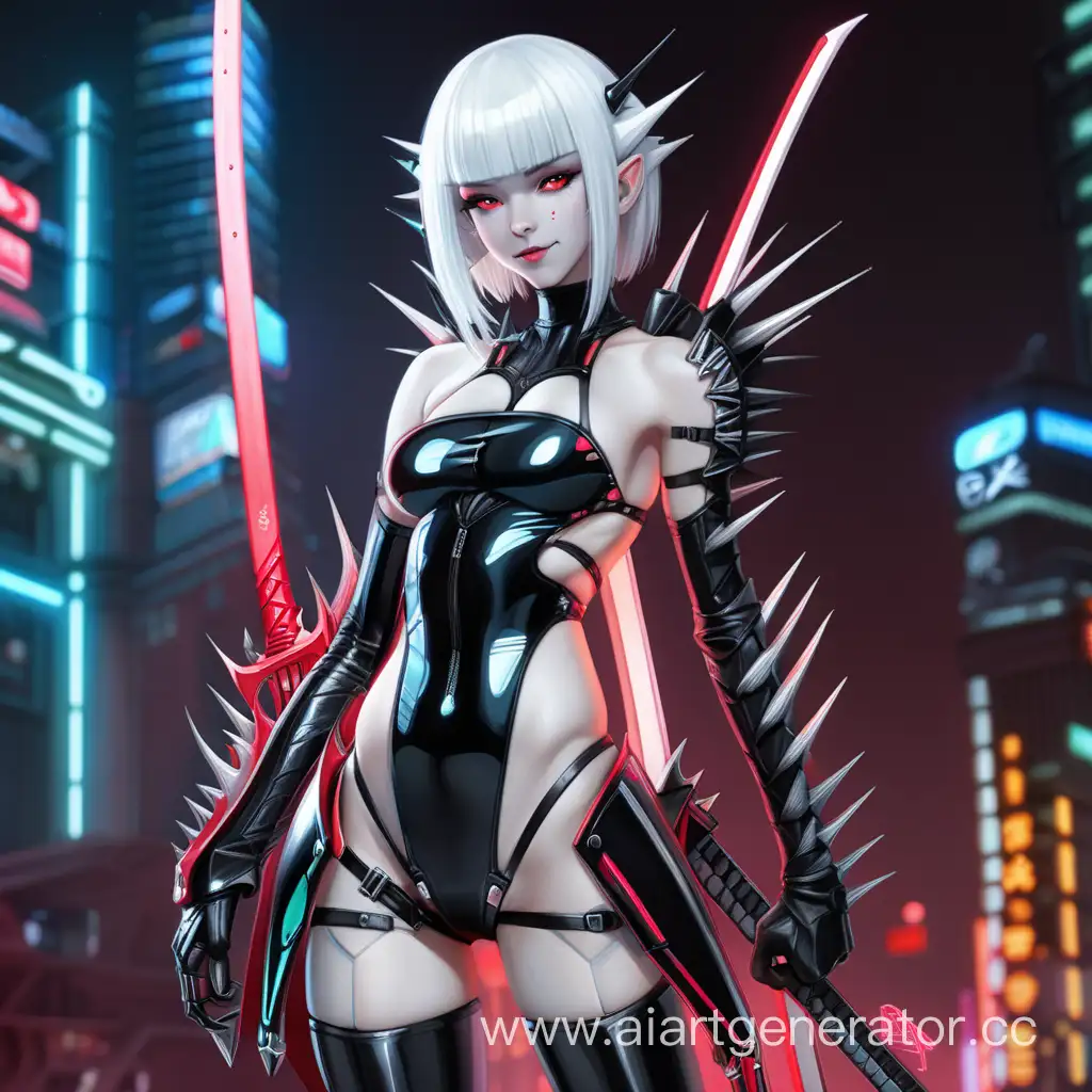Petite albino girl, neon shining white hair, neon shining scarlet eyes, shining pale skin, tight futuristic latex suit, bare shoulders, spikes on shoulders, spikes on arms, sharp claws on hands, spikes on legs, long futuristic long katana, crazy predatory look, black bow on the head, black high boots, neon scarlet inserts in clothes, scarlet runes on clothes, black magic around, crazy smile.