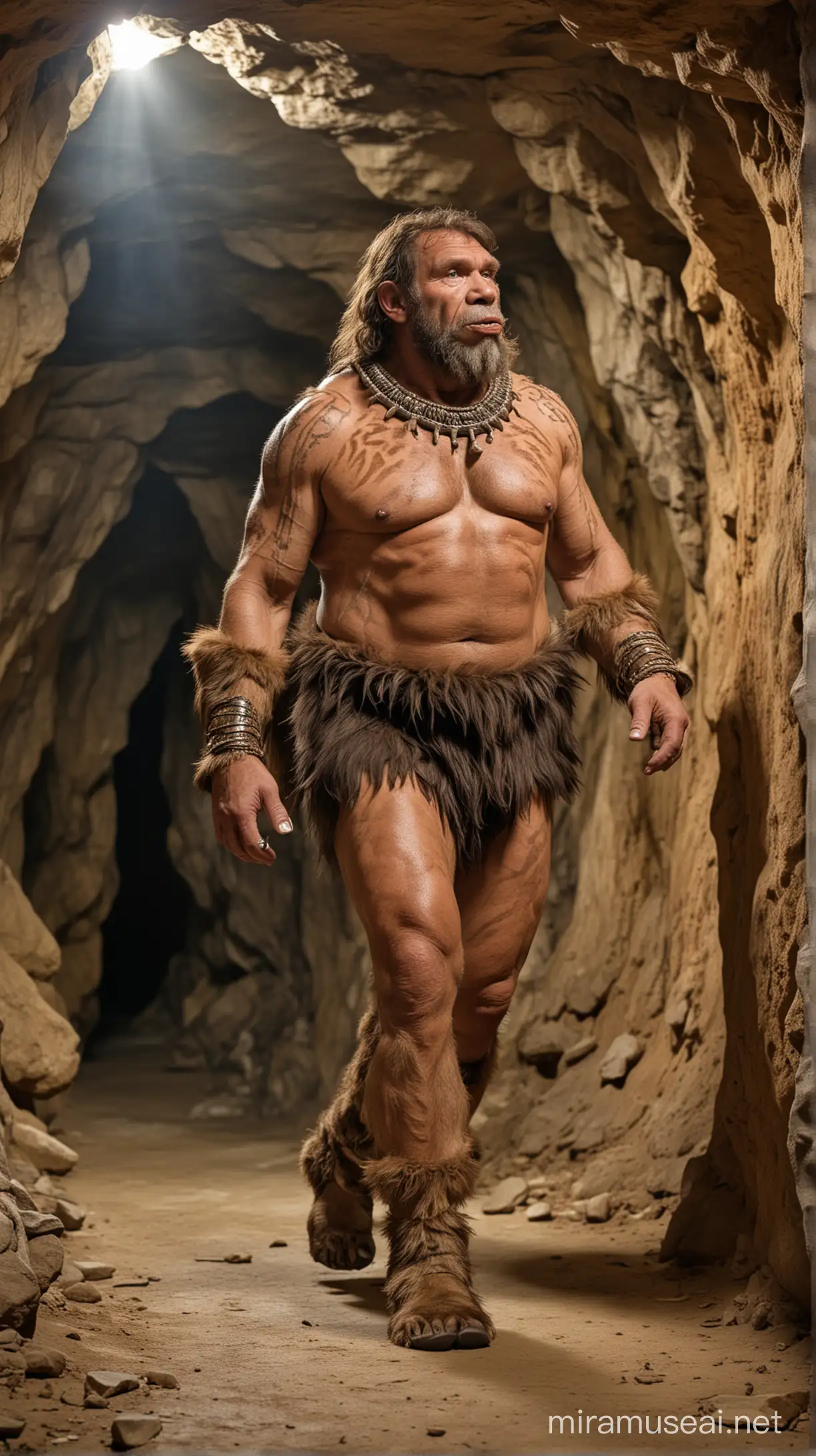 A Neanderthal man on a catwalk in a cave. He wears a bear and rhinoceros skin suit and has a cigarette on his lips