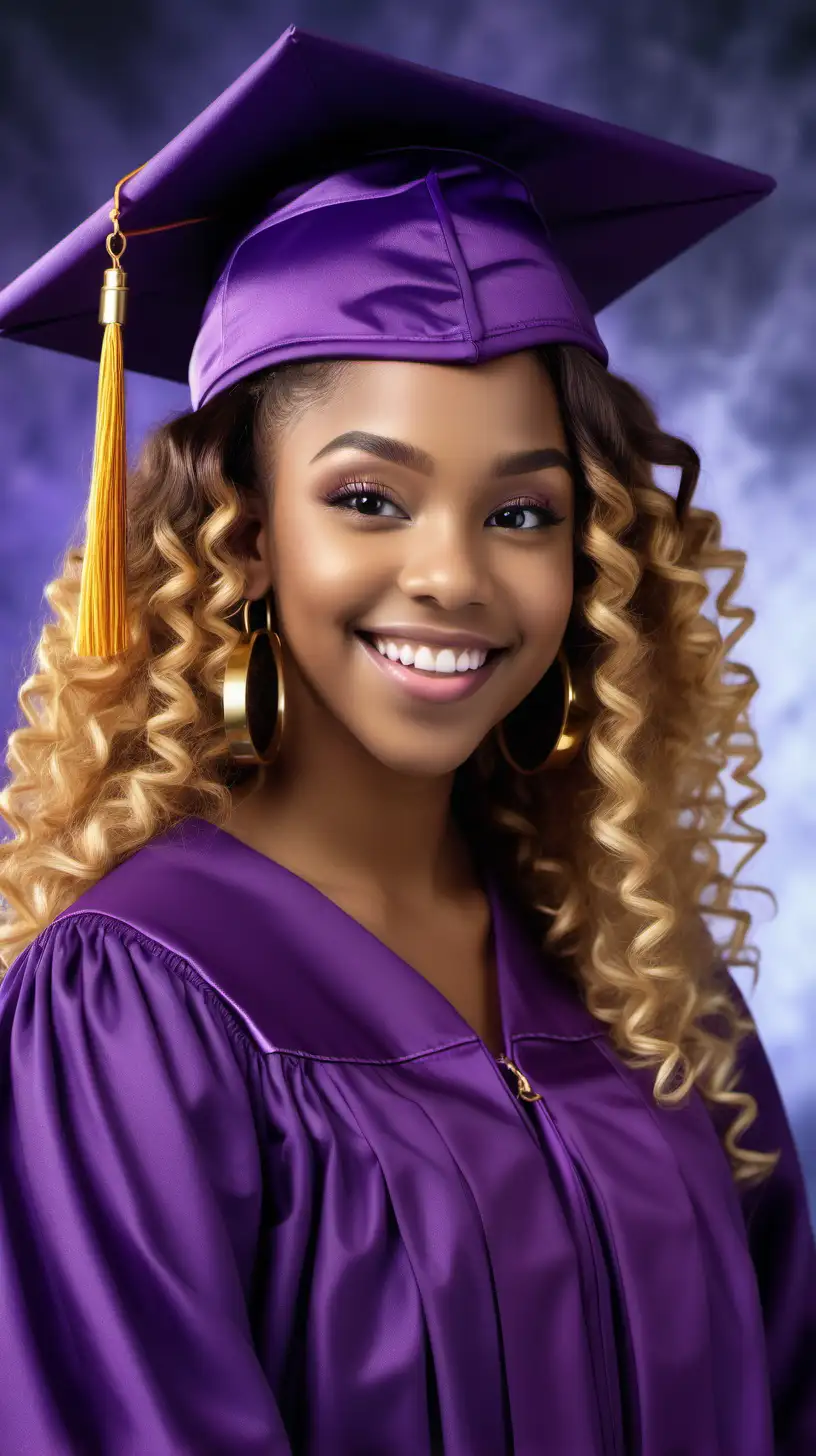 a hyper-realistic African American young lady around the age of 17. She is wearing a purple graduation cap and gown. She has long ombre curly hair, long lashes, long nails with polish, gold hoop earrings. She is smiling and posing for professional graduation photos, full view, looking at camera, 4k 