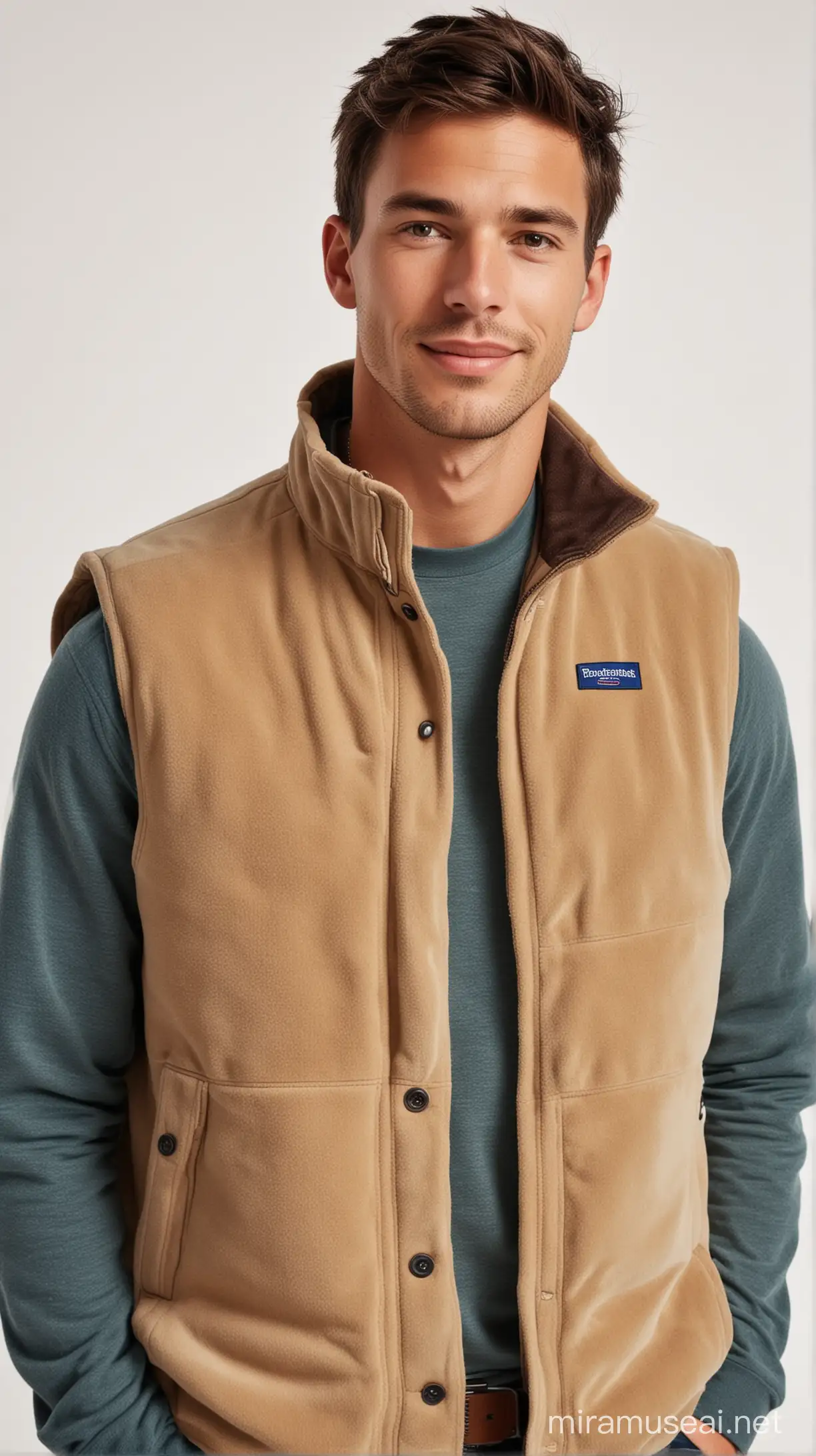 young man wearing patagonia vest white background