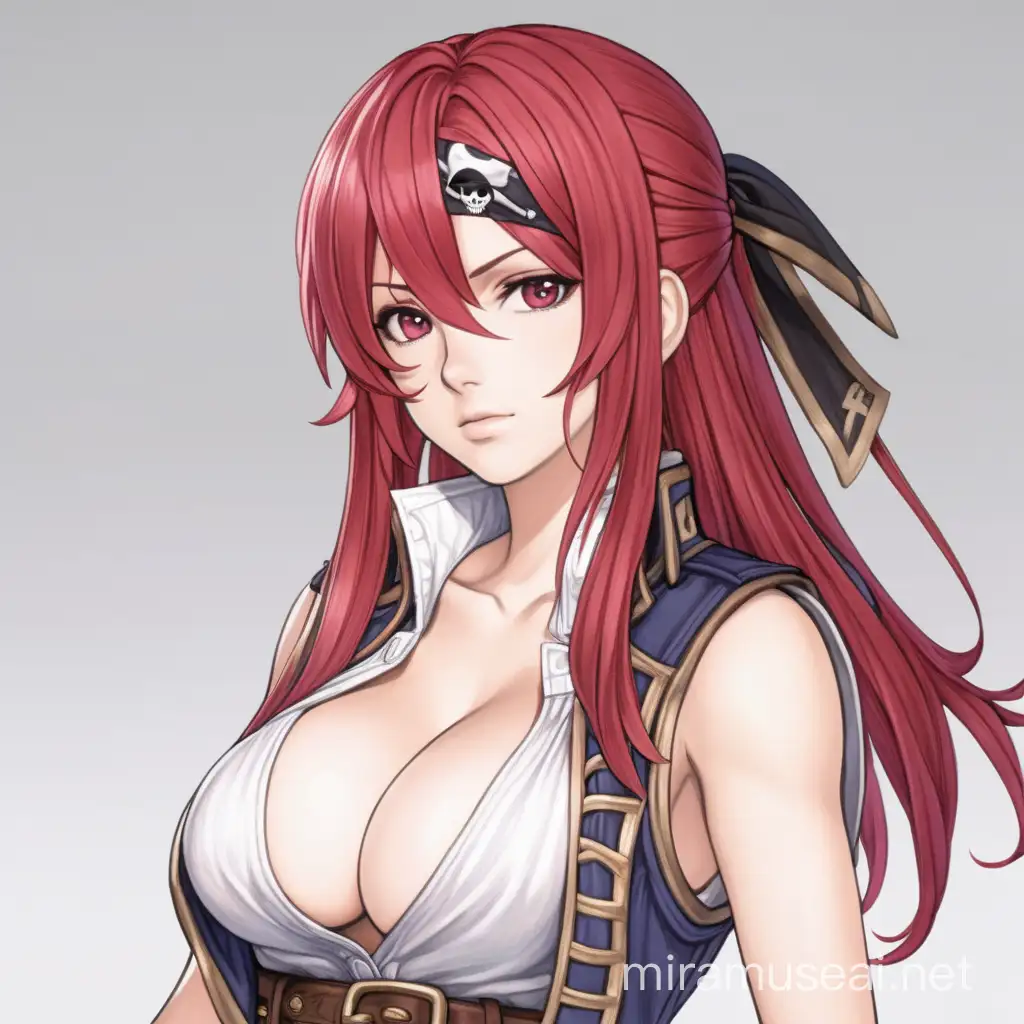 jrpg, adult woman, crimson hair, confident, tomboy, above average breast size, sexy, fantasy, pirate, sleeveless, another eden, waist up fully in view, portrait, no background, facing slightly to the side, staring at the camera