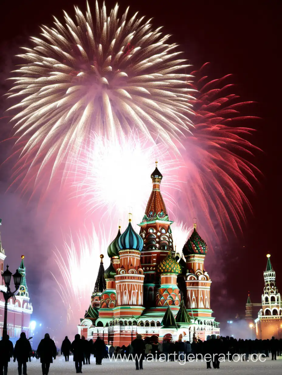 Красная площадь в Москве, новый год, салют,