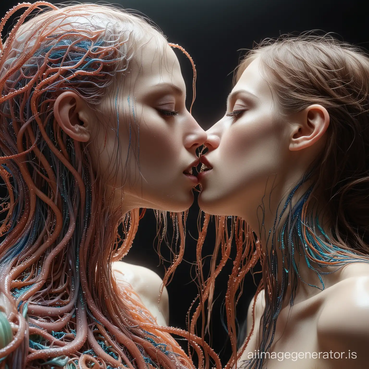 Unknown Creaturе, kissing each other,  translucent body, luminous organs are visible, A tentacle with an eye is studying the woman, Strands of Rays,  thin filaments of biofields, Colored pencils, focus, dramatic light, high quality light and shadows, roentgen, 5D, grotesque, gothic, horror, clear lines, background drawing