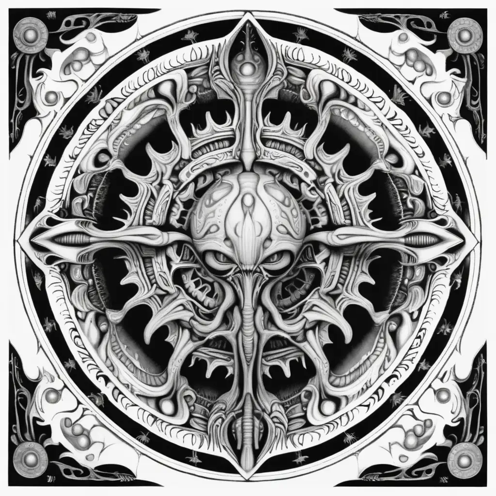 Coloring book image. Black and white only. Symmetrical and balanced mandala with disgusting slimy, dripping levitating haunting dreamscape in style of H.R Giger. Clean and clear outlines that allow for easy coloring. Ensure the design provides ample space for creativity and coloring.