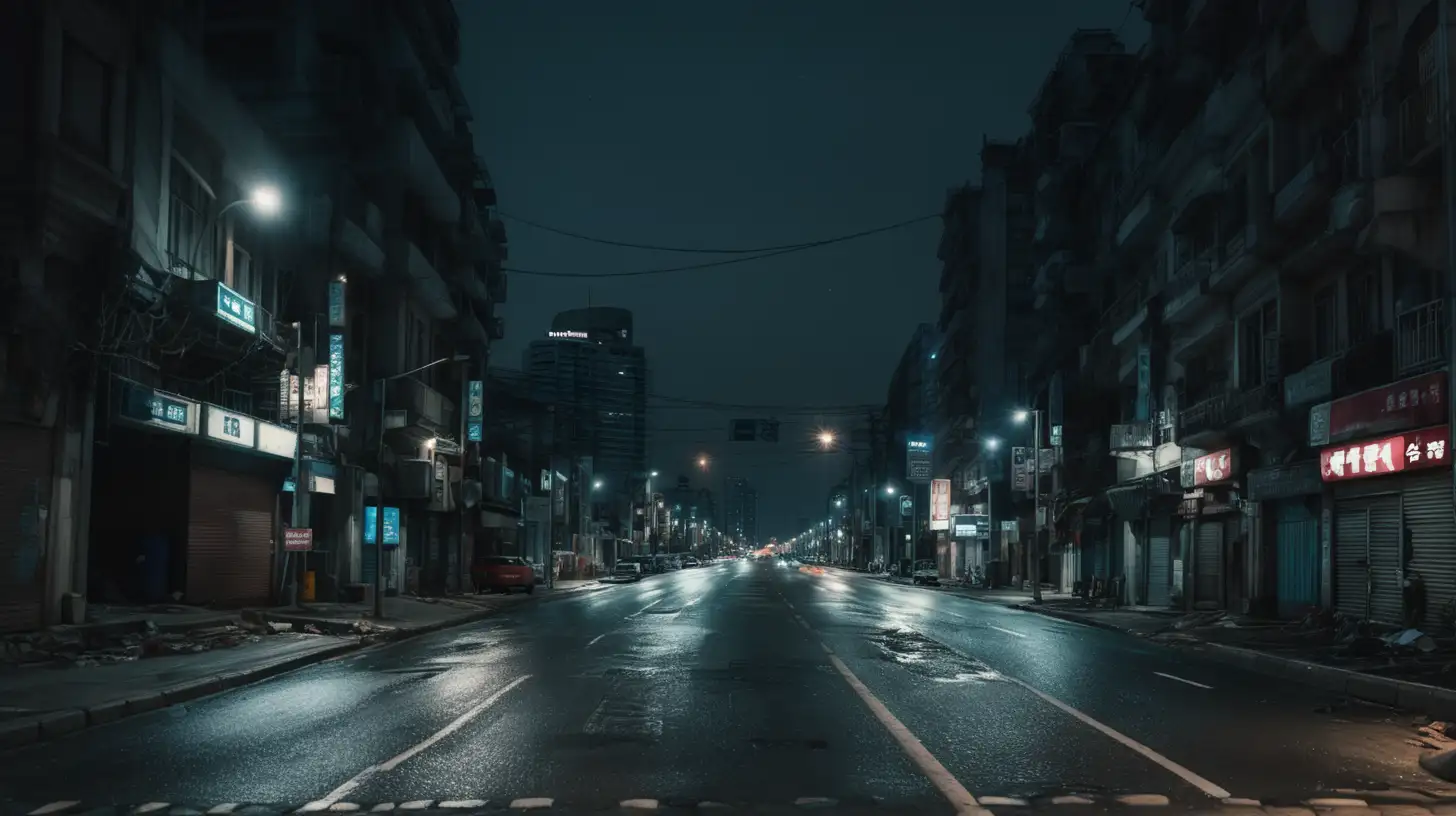 a broken down city look with empty street  no light night view. --cinematic