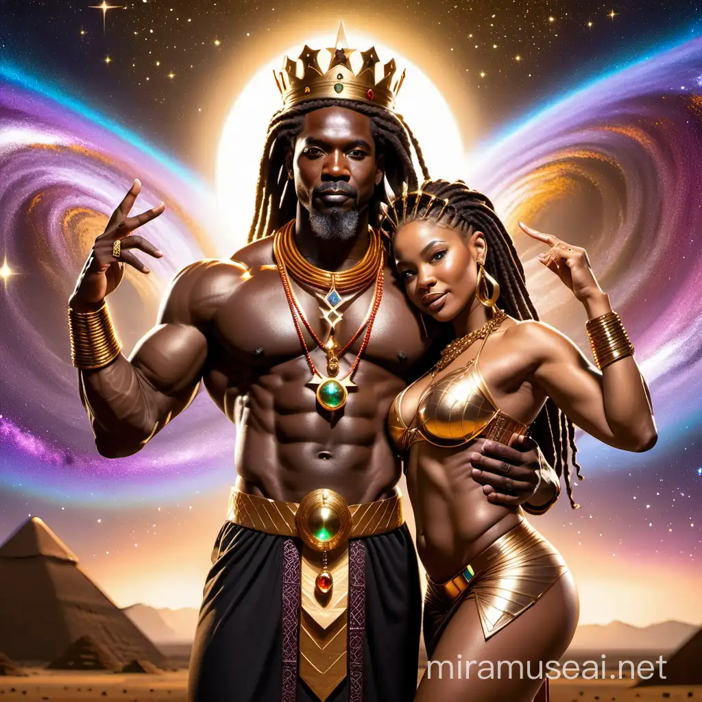 an African king  and beautiful queen strong masculine divine with locs named Zonta his African queen black and beautiful with gold jewelry, gold nails and gold teeth in galaxy background, with stars, nebula in background, african safari, avatar, etheral, spirtual, gold ,silver,black love reprensentation , king and queen, love
