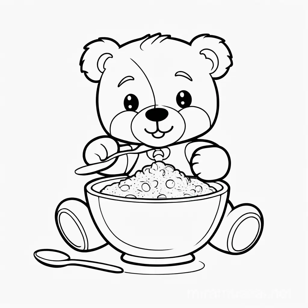 Happy Teddy Bear Eating Porridge Coloring Page on White Background