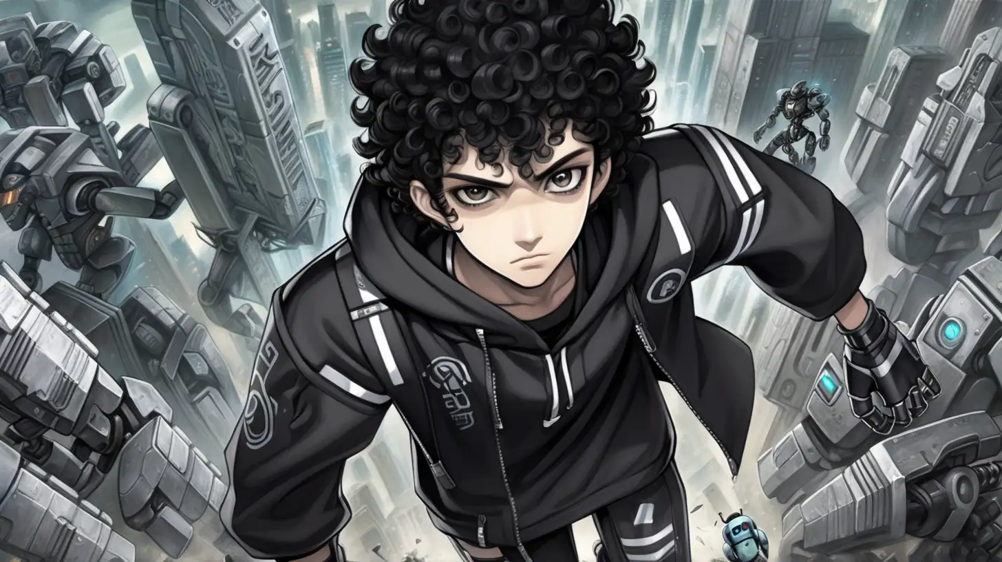 2d, anime, asian male, age 17, black curly hair, emo, thick black eyebrows, dark eyes, wearing black clothes with one white stripe, breaking robots, dystopian future, doomed city, running, top view break robots