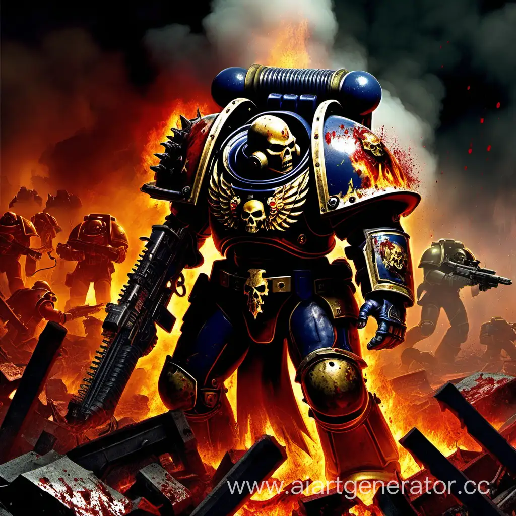 an image of a space marine from warhammer 40k, a salamander, covered in blood and fire, protecting a civilian, fulfilling it's duty.