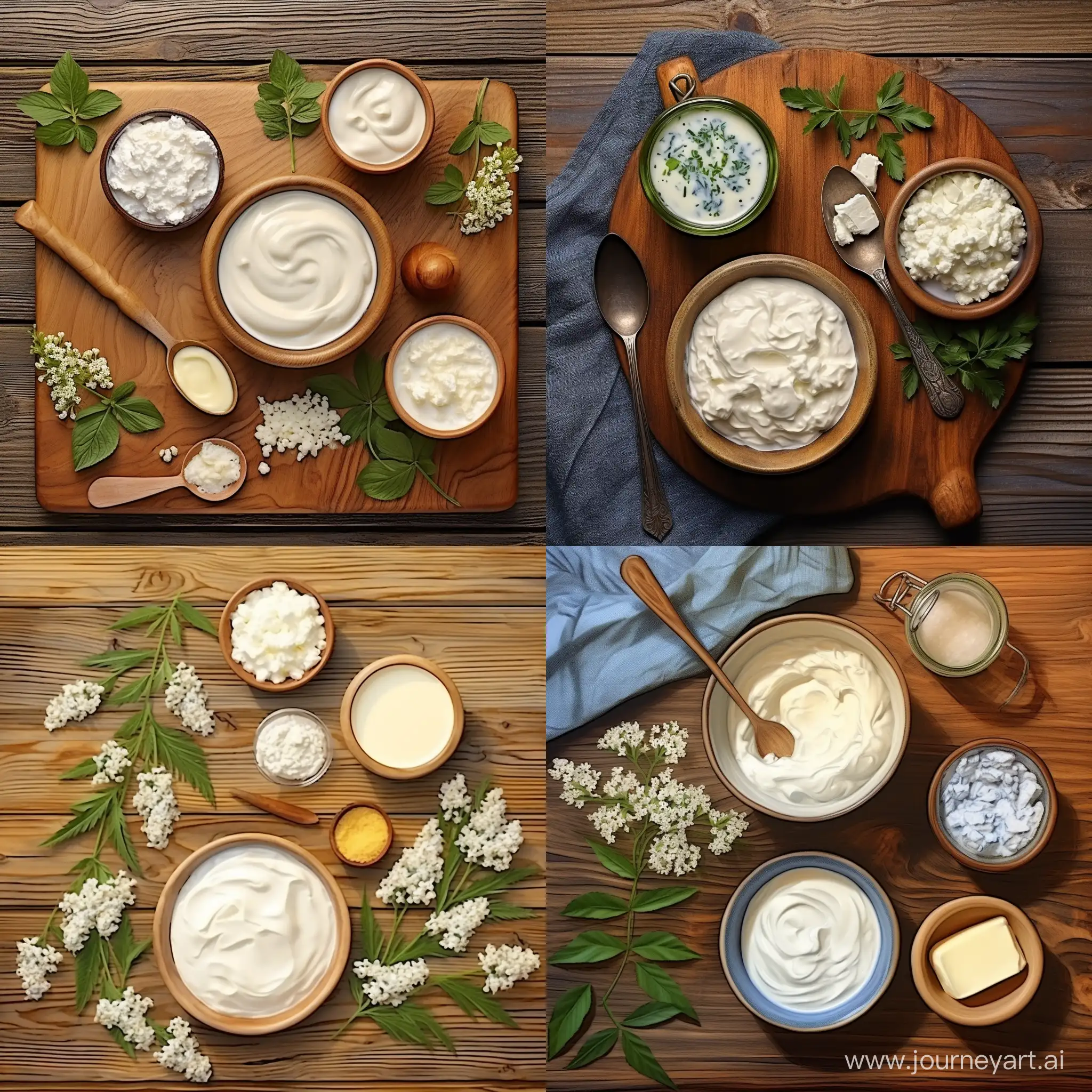 Rustic-Dairy-Delights-Top-View-of-Table-with-Milk-Sour-Cream-Ghee-Cottage-Cheese-Suluguni-Cheese