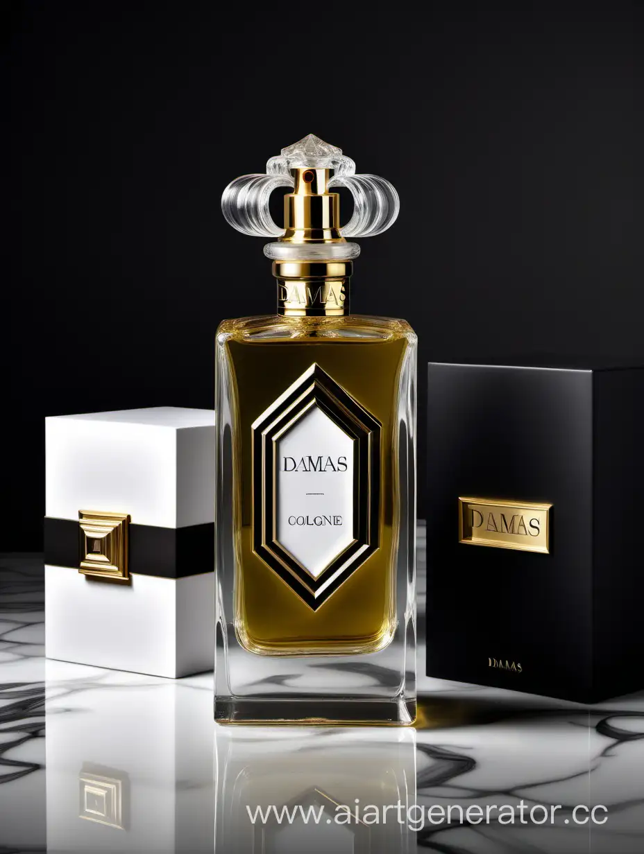 Luxurious-Composition-Damas-Cologne-Bottle-with-Baroque-White-Box-and-Golden-Accents