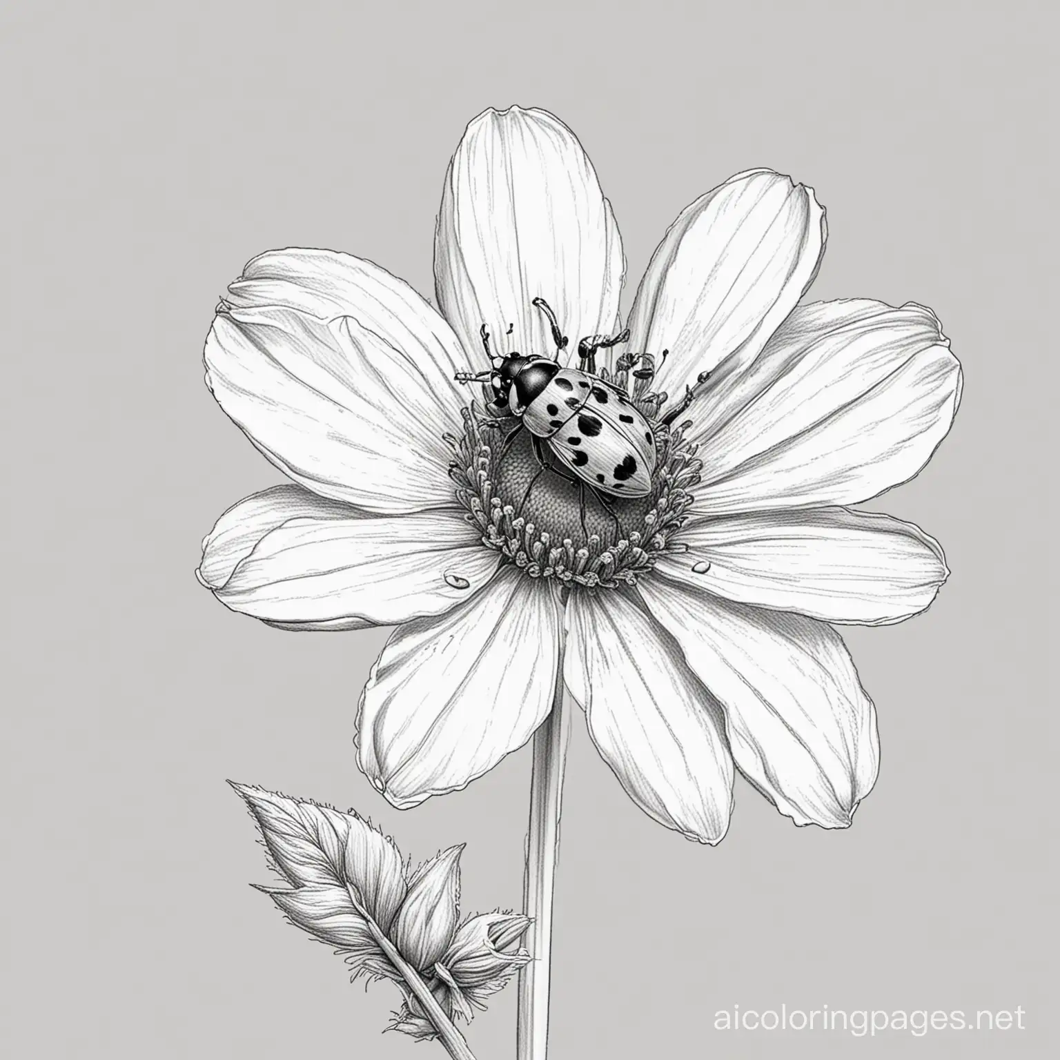 Ladybird on a flower, Coloring Page, black and white, line art, white background, Simplicity, Ample White Space. The background of the coloring page is plain white to make it easy for young children to color within the lines. The outlines of all the subjects are easy to distinguish, making it simple for kids to color without too much difficulty