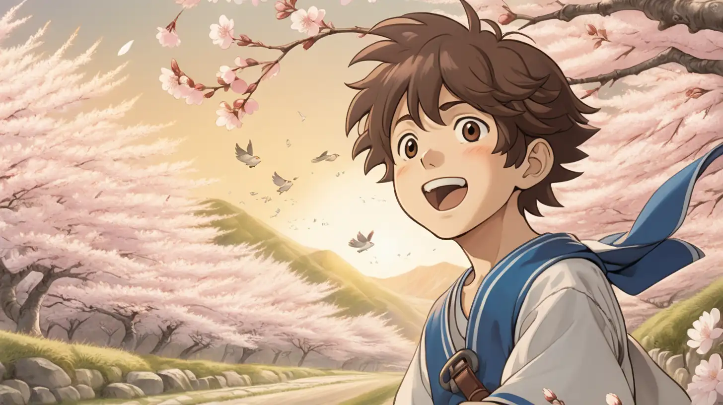 a boy with brown hair spring cherry blossom flying in the wind, laughing, happy, peaceful, beauiful illustration of fantasy, ghibli, princess mononoke, soothing, dark, music, amazing detailed game poster, wide angle, Hayao Miyazaki --ar3:2 --niji 5