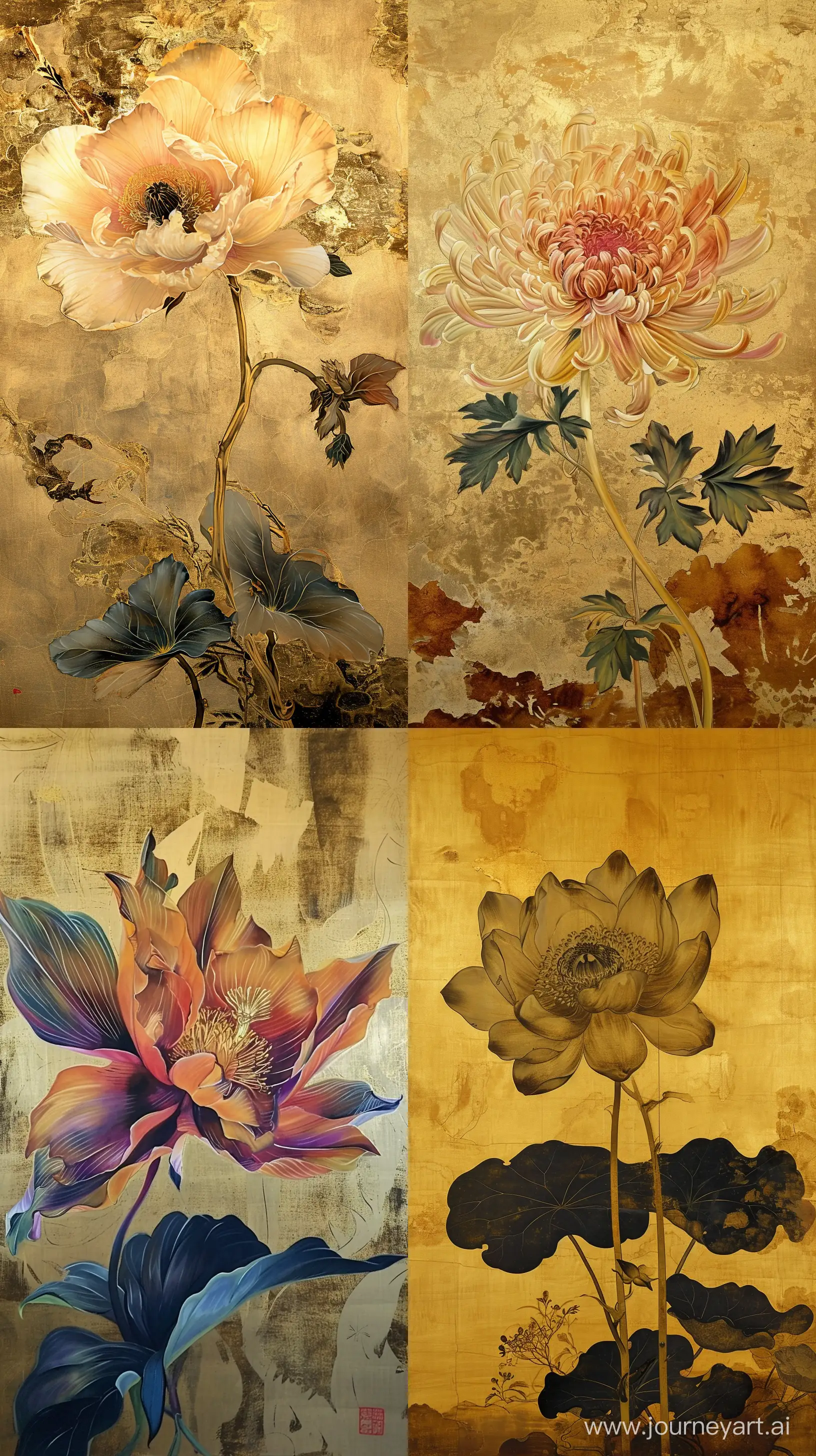 an asian art painting of a flower with a gold background, in the style of crimson and bronze, sana takeda, luxurious fabrics, texture-rich surfaces, baroque-inspired details, kōji morimoto, zeng chuangxing --stylize 50 --v 6.0 --ar 9:16