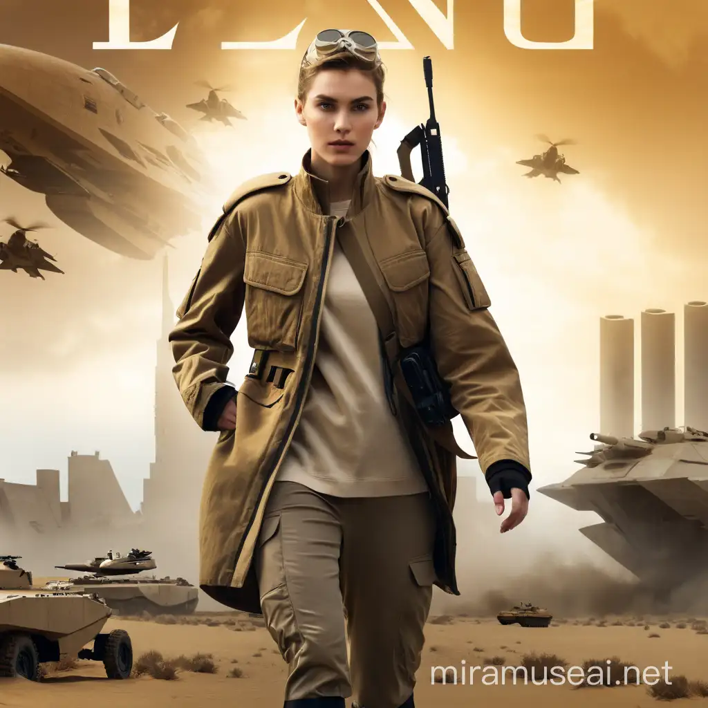 Futuristic Military Jacket Fashion Stylish Young Woman in Beige Attire