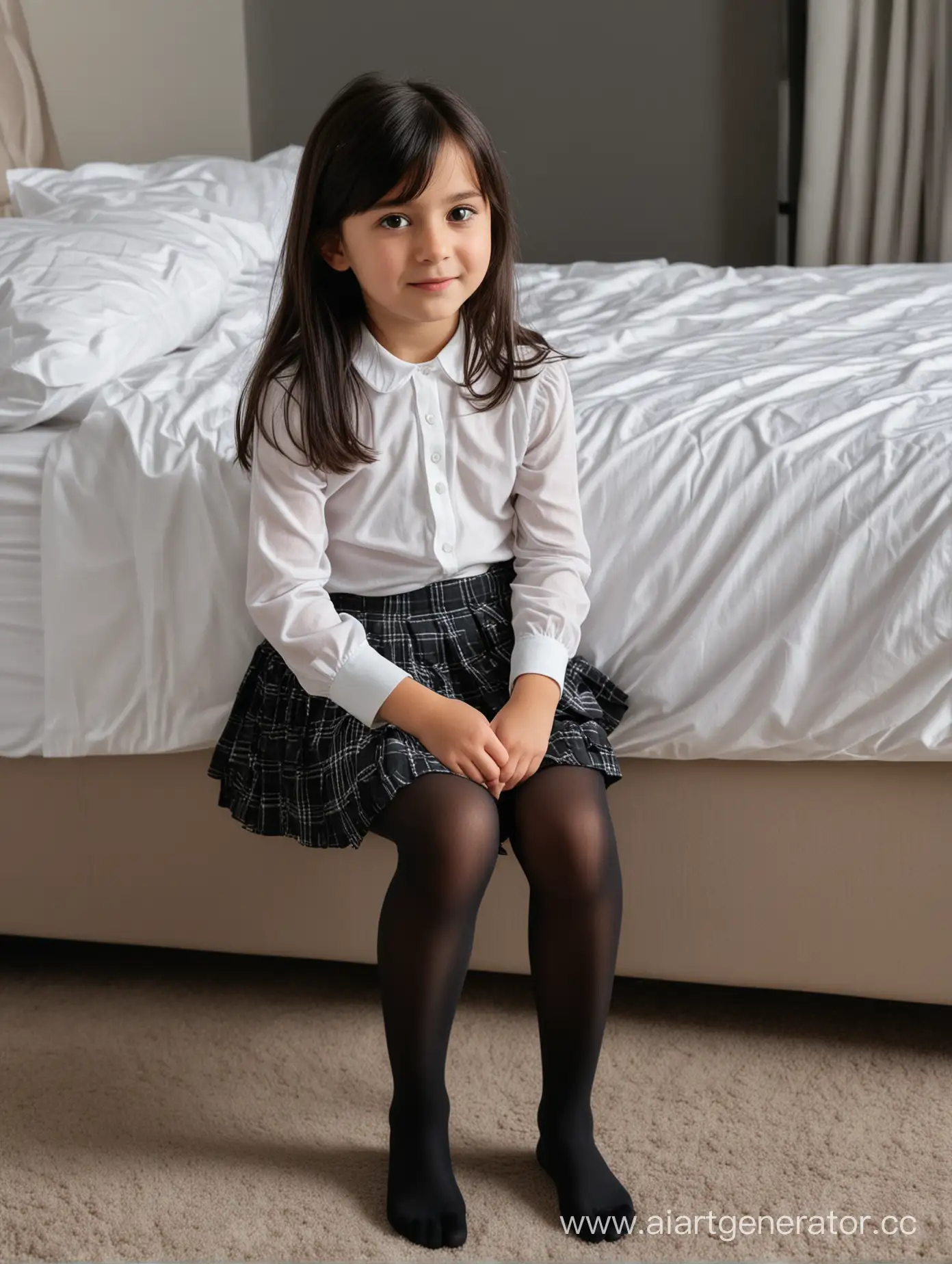 A little girl, 10 years old, pattetned pleated skirt, black very opaque  pantyhose. Dark hair. Bedroom. Close up shot. From the under. Turkish. Sits the bed's side. Small feets.