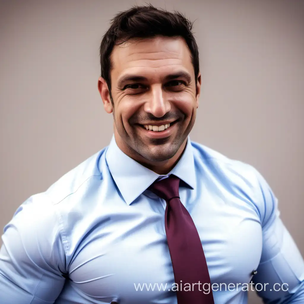 Handsome smiling Greek daddy 35-year-old muscular stocky beefy burly male in shirt and tie