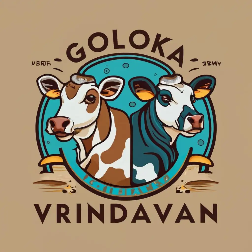 logo, Goloka Vrindavan farm logo with cows, with the text "Goloka Vrindavan", typography