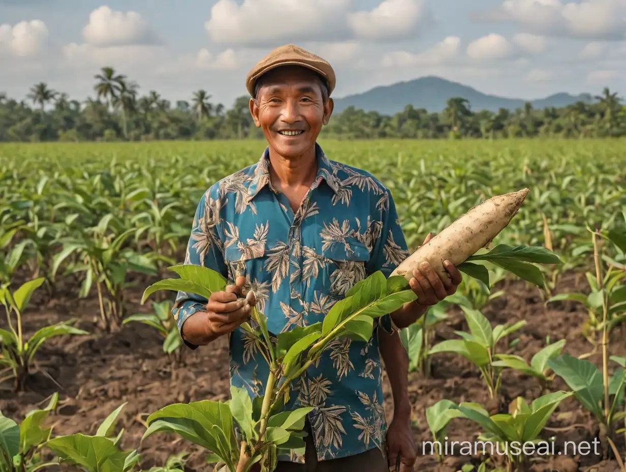 a cassava farmer int he middle of cassava field while holding a cassava. The atmosphere should be happy and energic. The farmers is wearing indonesia traditional batik