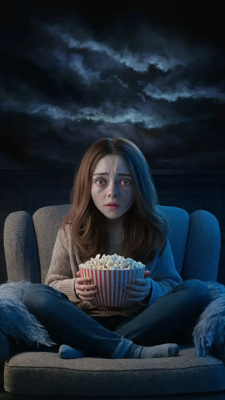 a young lady sits skeptically in a dimly lit sitting room. She holds her bowl of popcorn. She has long chestnut brown hair, which falls in loose waves around her face. Her hazel eyes reflect her nervousness, and her fair complexion is pale from fear. She wears a cozy sweater and jeans, with socks peeking out from underneath; at night, ominous edge, foreboding atmosphere
