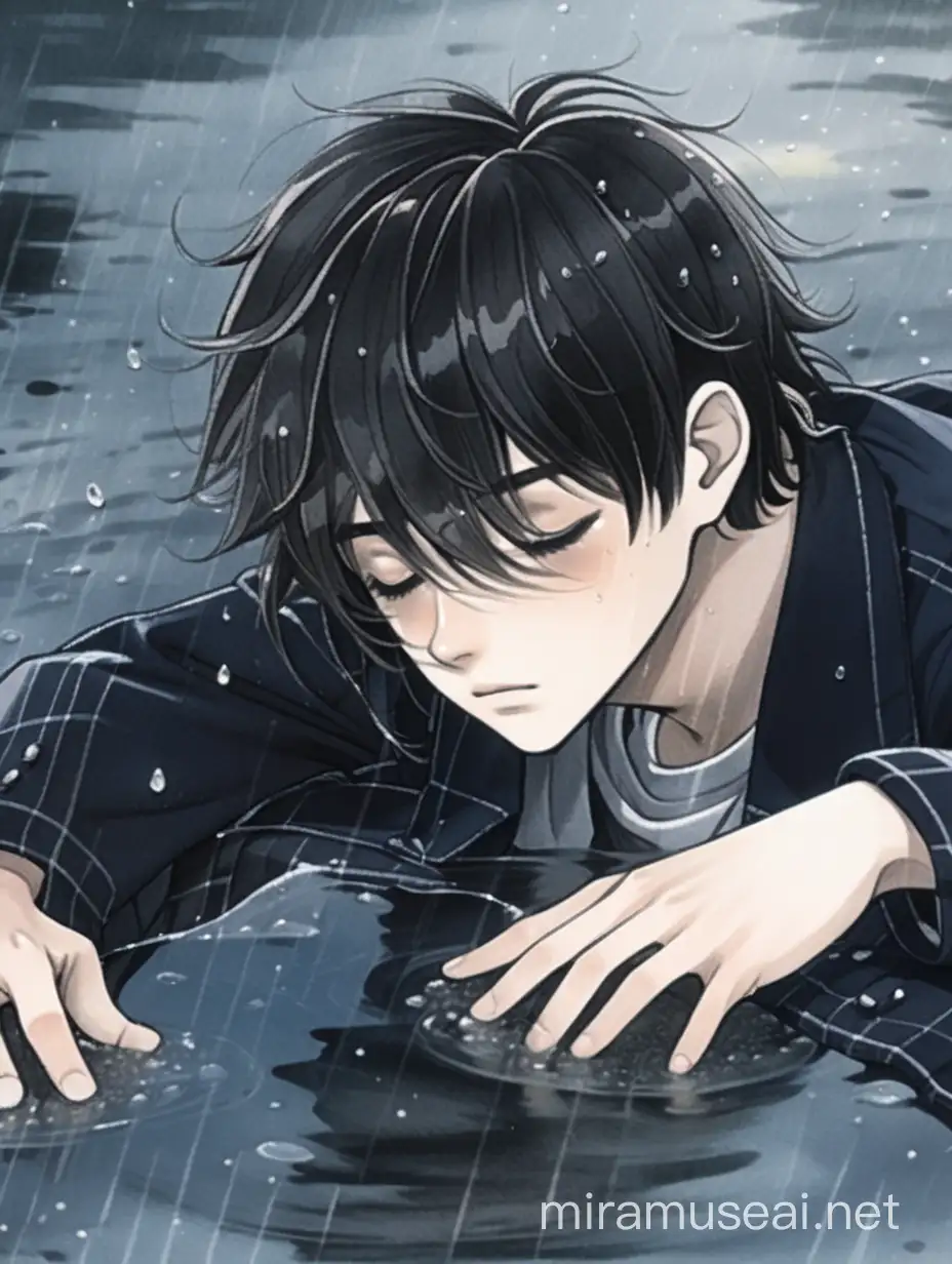 Young Man Relaxing in a Puddle with Watercolor Aesthetic