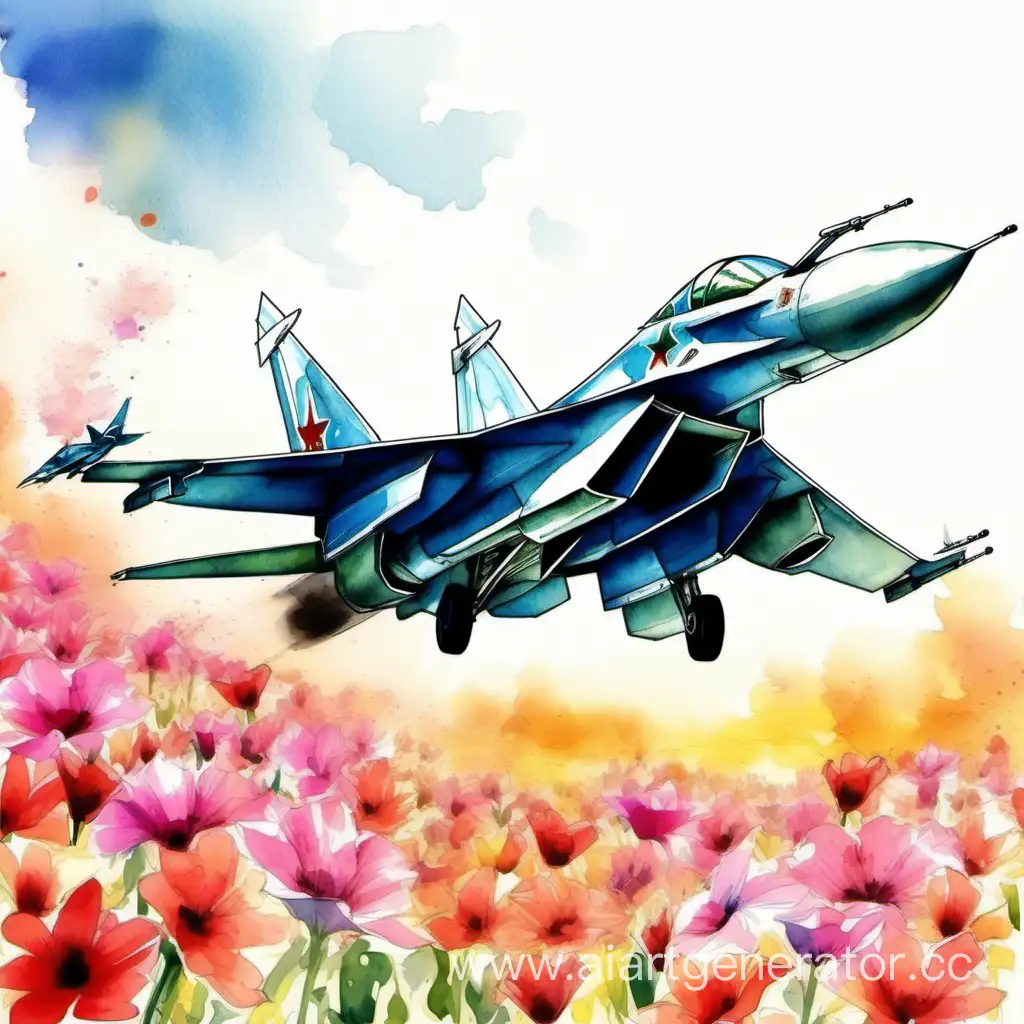МиГ-29 пролетает над цветочным полем. Лепестки Яркое солнечное изображение. Акварель.