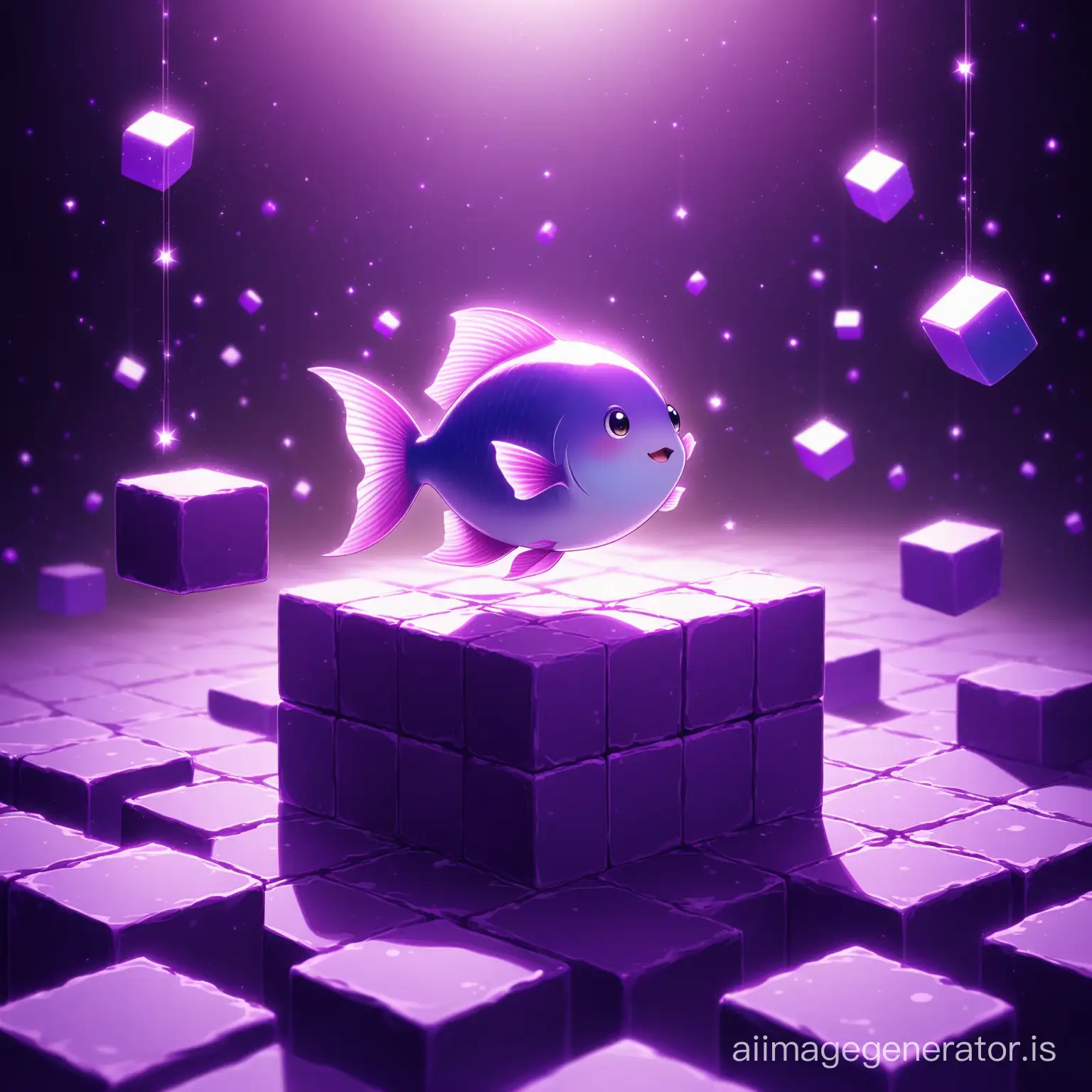A little happy cute fish flying on the purple block earth with super detail and High Quality
big and Purple and floating blocks are seen everywhere
Details are evident beautifully and with great precision
Lighting is carefully observed
