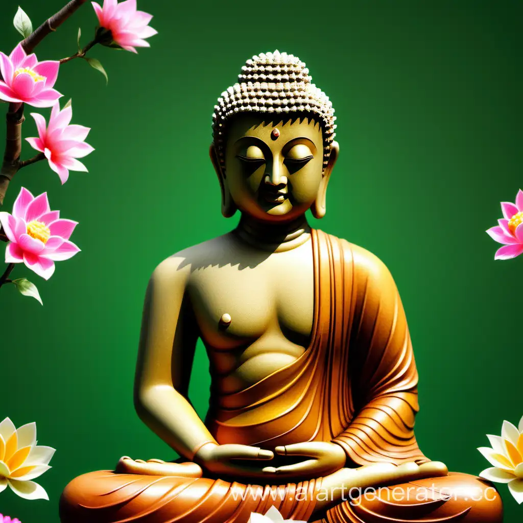 Create a 3D, ultra-high definition, realistic image of Lord Buddha for a YouTube thumbnail. The image should feature Lord Buddha occupying the left third of the frame. On the right, there should be a green background with blooming flowers, adding a serene and beautiful aesthetic. The composition should be eye-catching and suitable for a YouTube thumbnail, with a focus on making Lord Buddha's figure prominent and detailed, while the right side is adorned with vibrant, blooming flowers on a green backdrop.