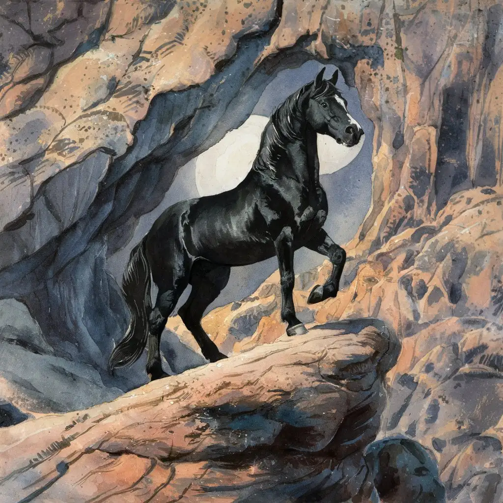 a black horse on a rock, rugged with a golden age of glamour, glistening in the moonlight, watercolor 