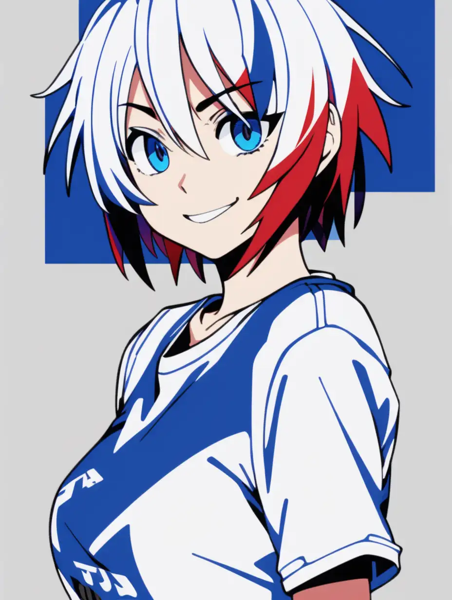 ryuko matoi blue eyes sexy midriff short white tshirt short hair with blue highlights posterized halftone red black white 3 color minimal design full body looking straight ahead smiling