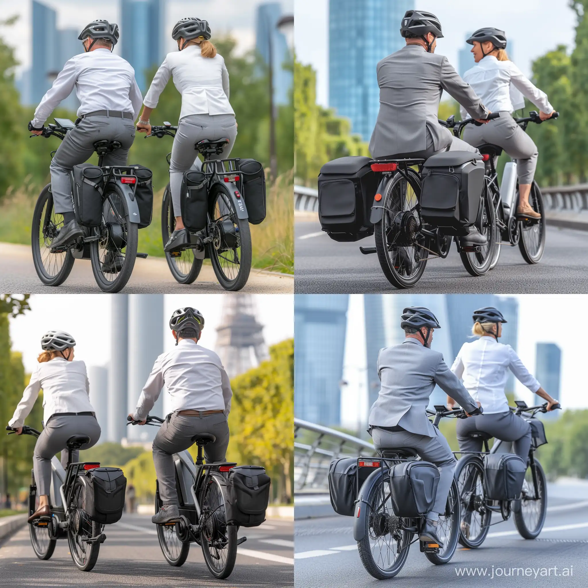 MiddleAged-Couple-Commuting-on-Electric-Bikes-to-La-Dfense-Towers-Paris