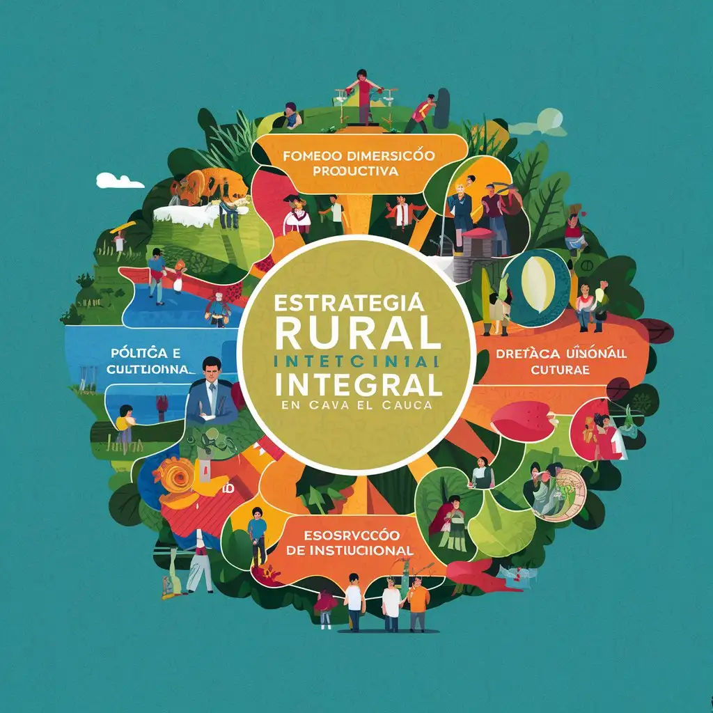 Haz una infografía de la estrategia rural integral en el Cauca. la Estrategia tiene 4 dimensiones: 1. Economica y productiva, 2. social y cultural, 3. politica e institucional, 4.  biofisica y ambiental