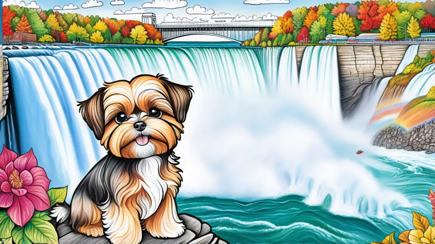 A  colorful adult coloring book of a shorkie at Niagara Falls in Canada   