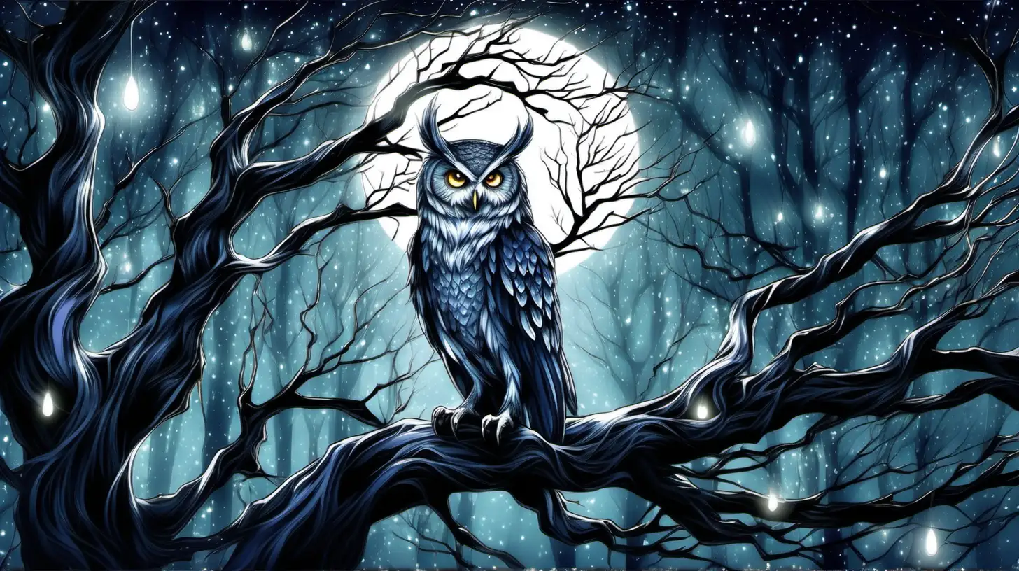 in anime style, a mystical forest realm with  magical shimmering owl Perched on moonlit branches  with feathers that shimmer with sparkling  silver, blend seamlessly into the shadows. Their calls echo through the Enchanted Grove, carrying with them the ancient wisdom of Eldrath,  their eyes reflecting the mysteries of the night.