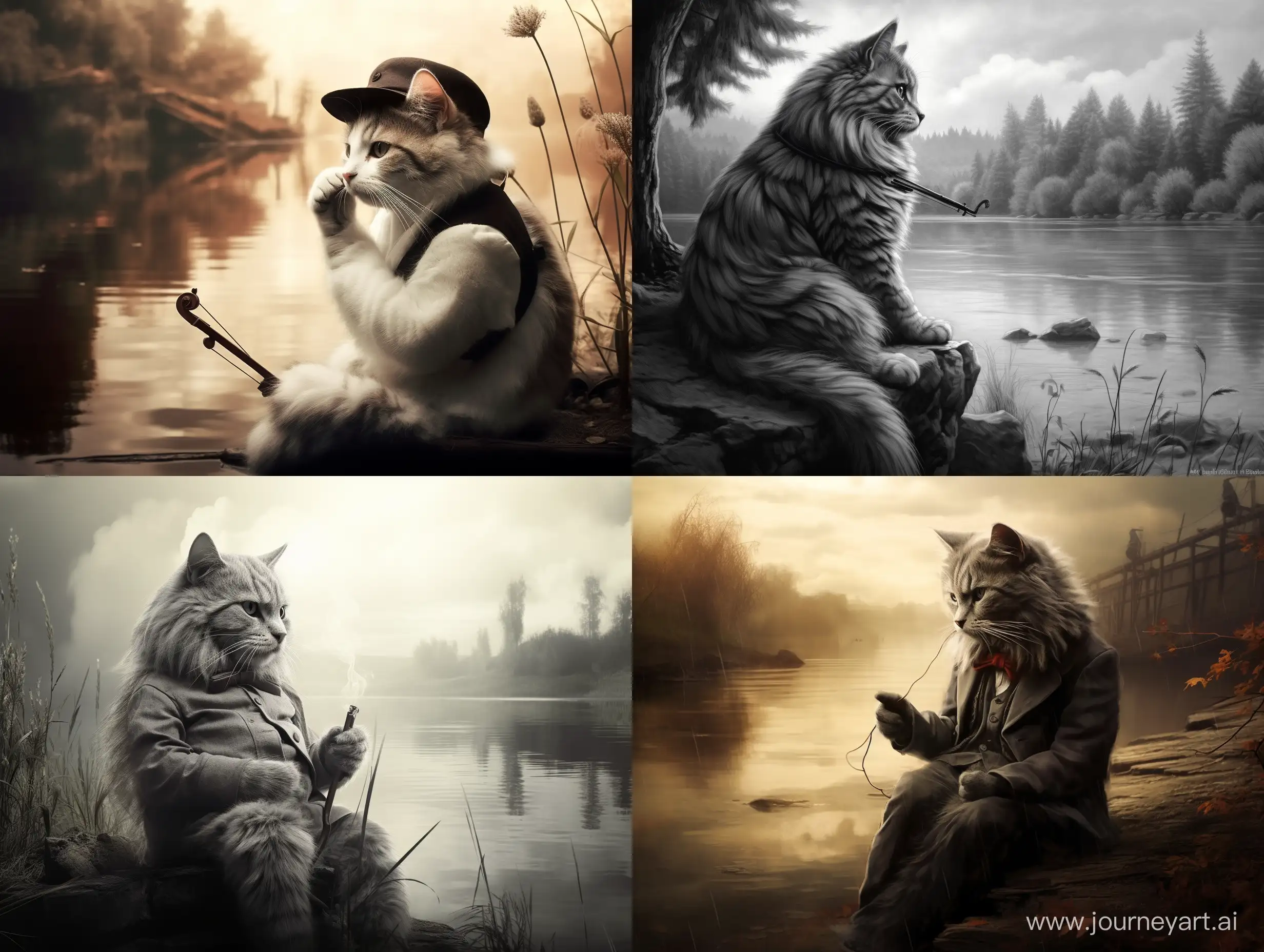Give me a picture of a cat in black and white. The cat is sitting on the edge of the river, holding a cigar in his hand and contemplating the fish.
