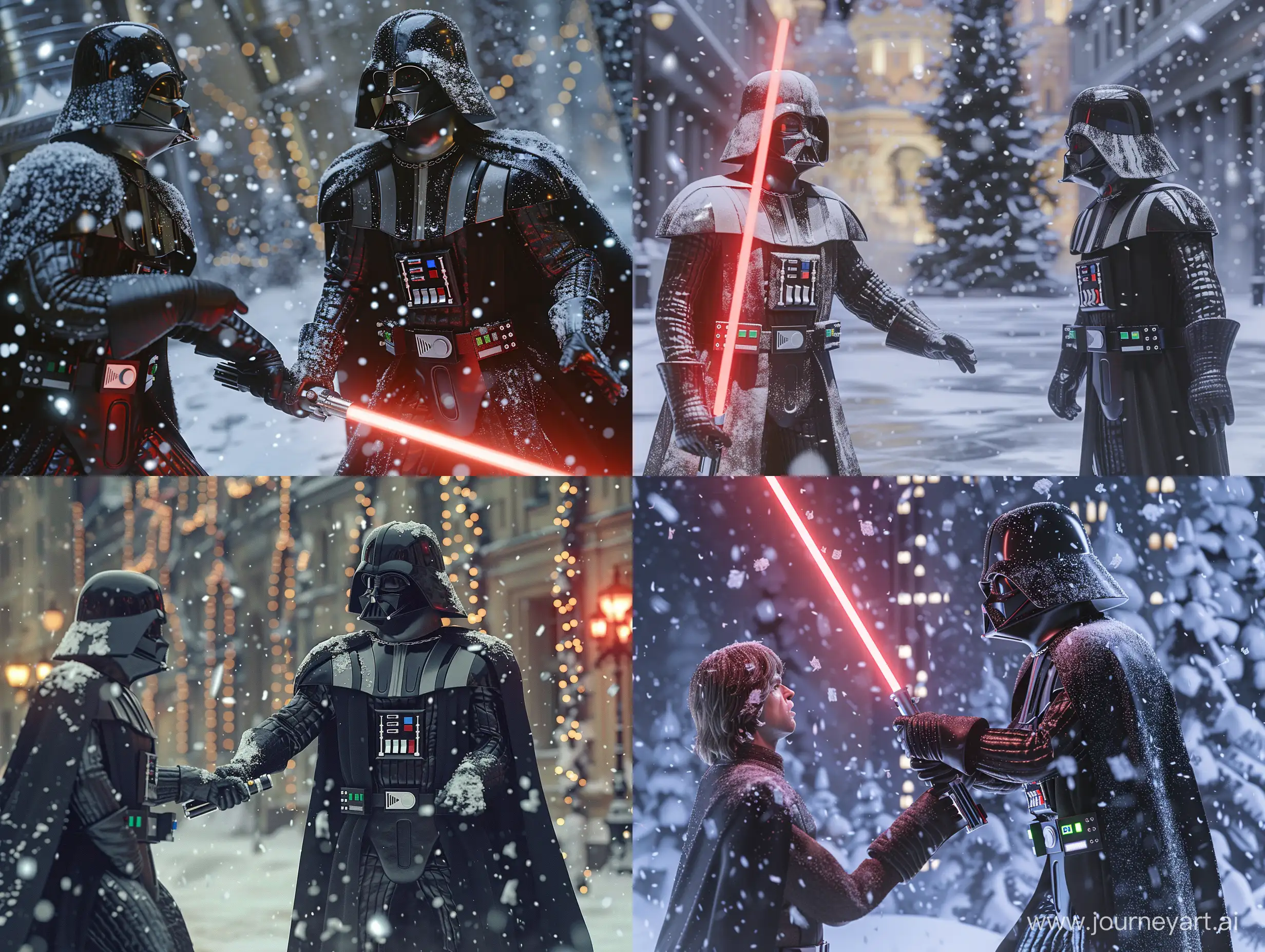 Luke Skywalker and Darth Vader fight among freezing Moscow's winter, snowfall, Extreme Detail CG Unity 8K wallpaper, masterpiece, highest quality, exquisite lighting and shadow, highly dramatic picture, cinematic lens effect, delicate facial features, excellent detail, outstanding lighting, wide angle, excellent rendering, enough to be proud of its kind