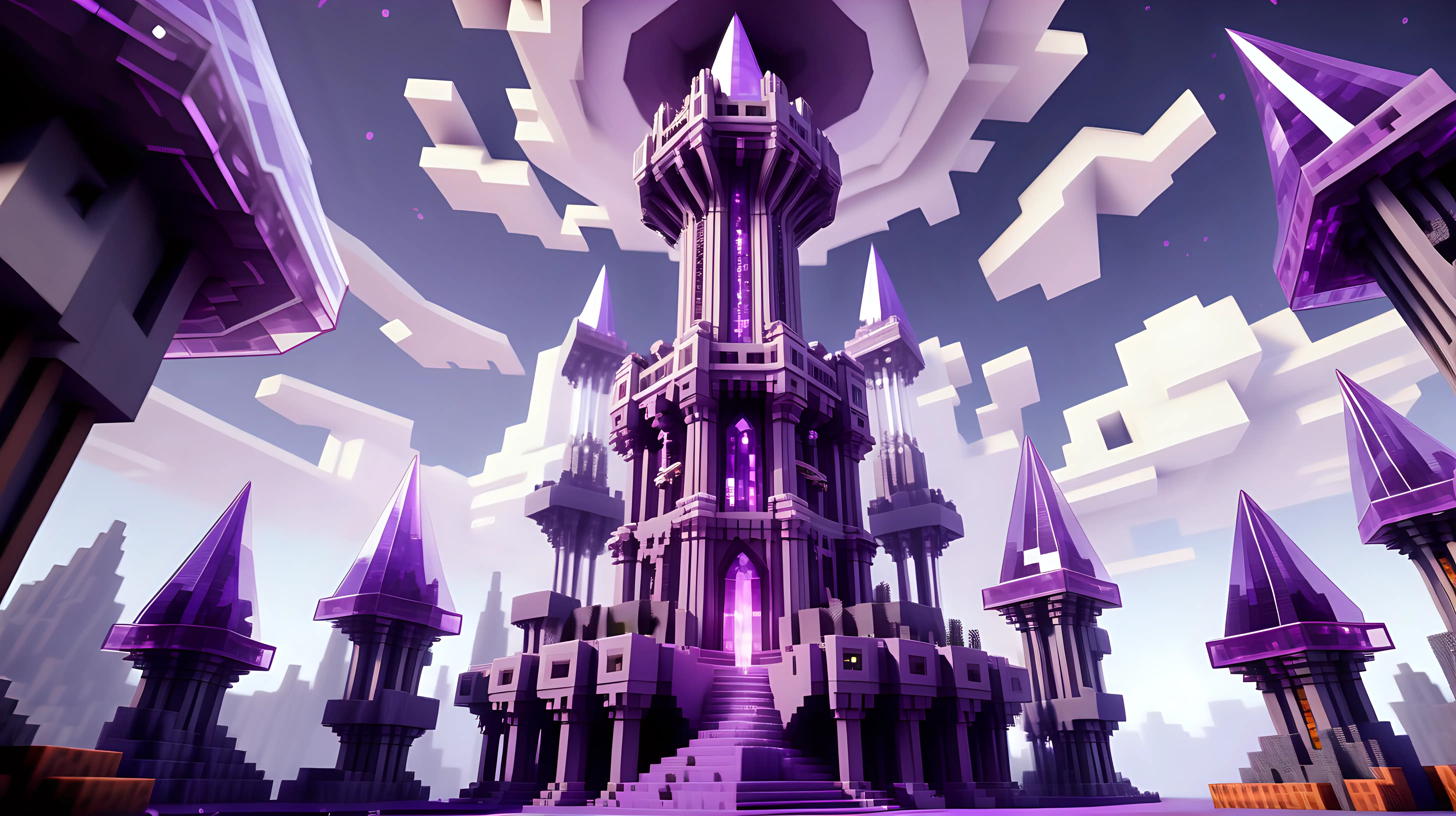 A minecraft style epic wizard tower, it has a beautiful grand design with a central tower made of crystal with a purple spire roof, it has 3 smaller towers hovering in the air around it. It is radiating energy from crystals around it